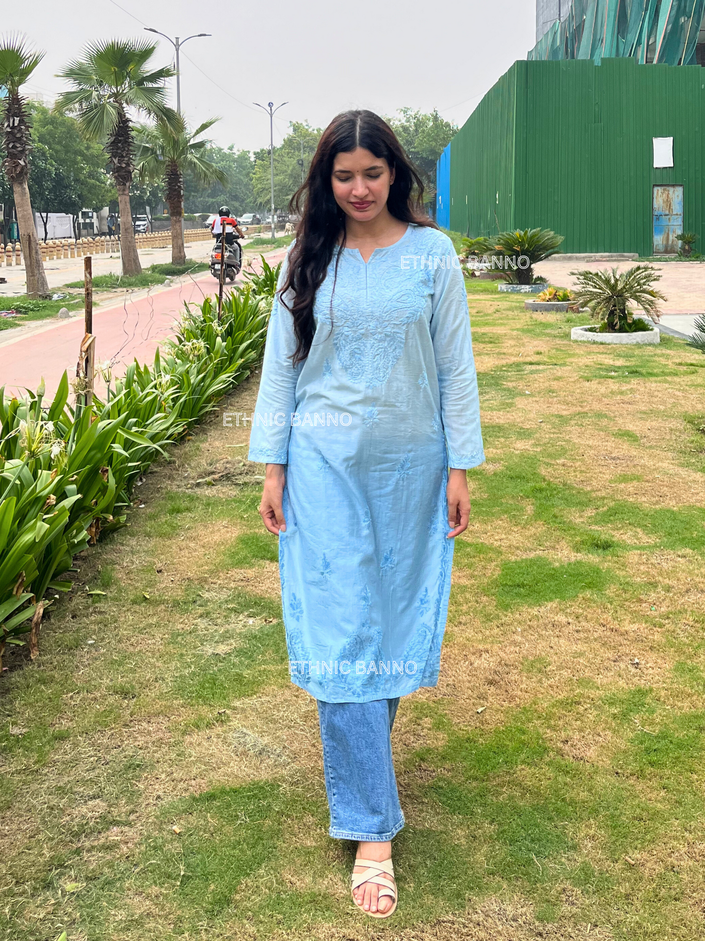 Blue Chikankari Ombre Chanderi Cotton Long Kurta