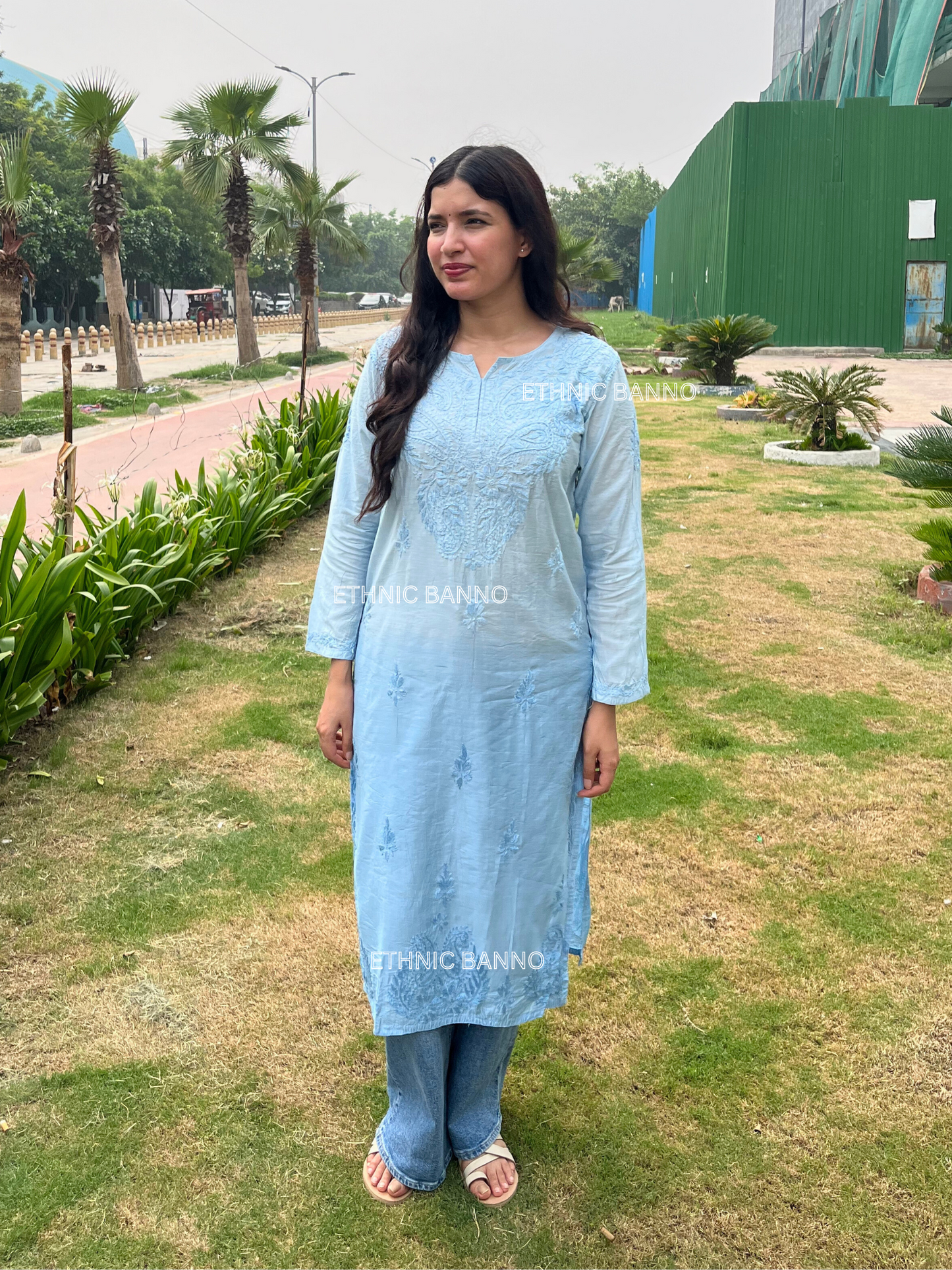 Blue Chikankari Ombre Chanderi Cotton Long Kurta