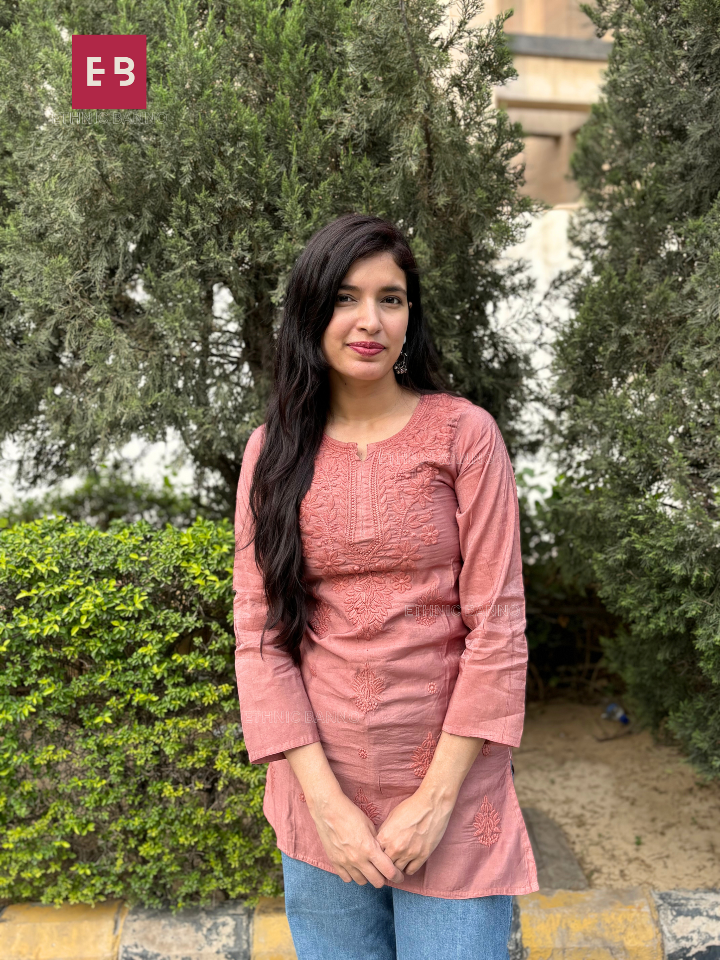 Brown Chikankari Chanderi Short Kurti