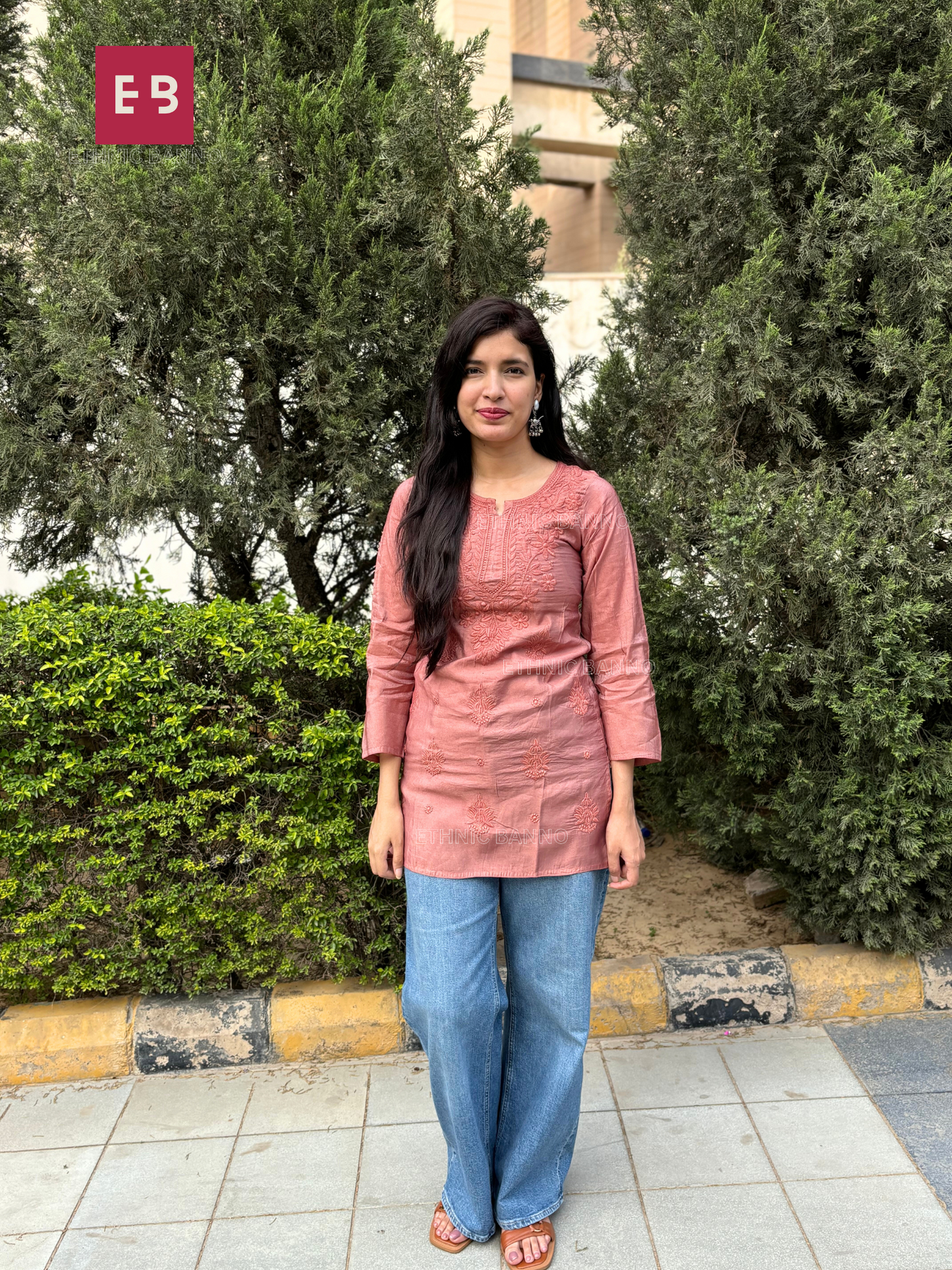 Brown Chikankari Chanderi Short Kurti