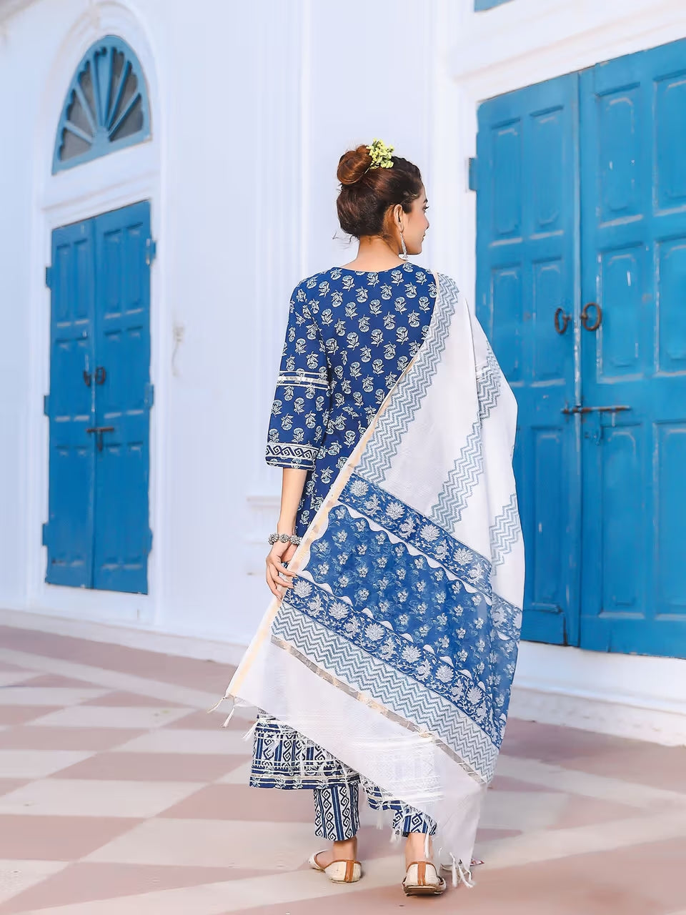 Blue Anarkali Cotton Suit Set With Kota Dupatta