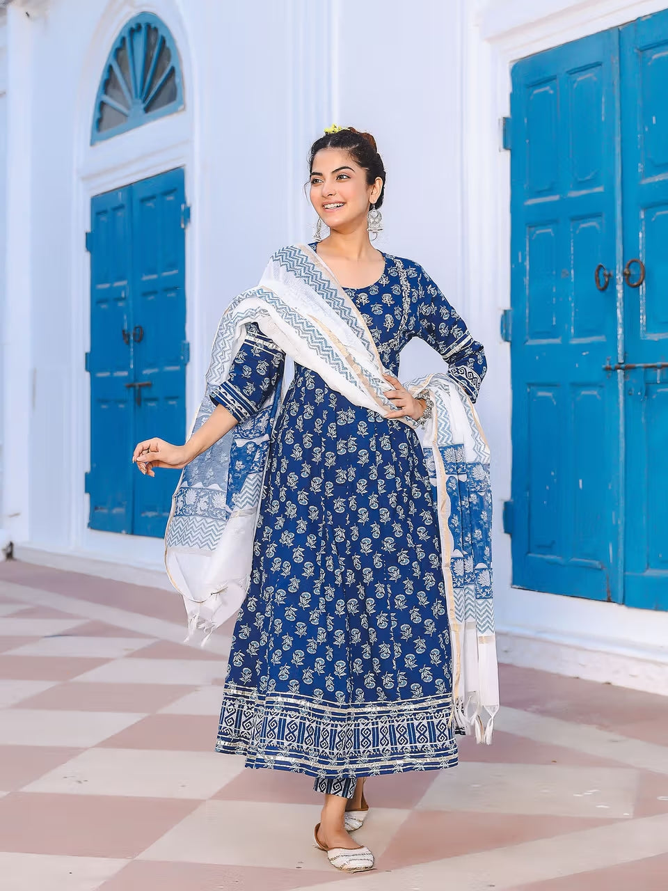 Blue Anarkali Cotton Suit Set With Kota Dupatta