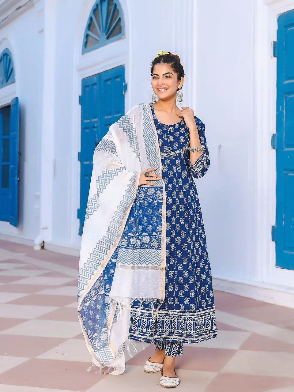 Blue Anarkali Cotton Suit Set With Kota Dupatta