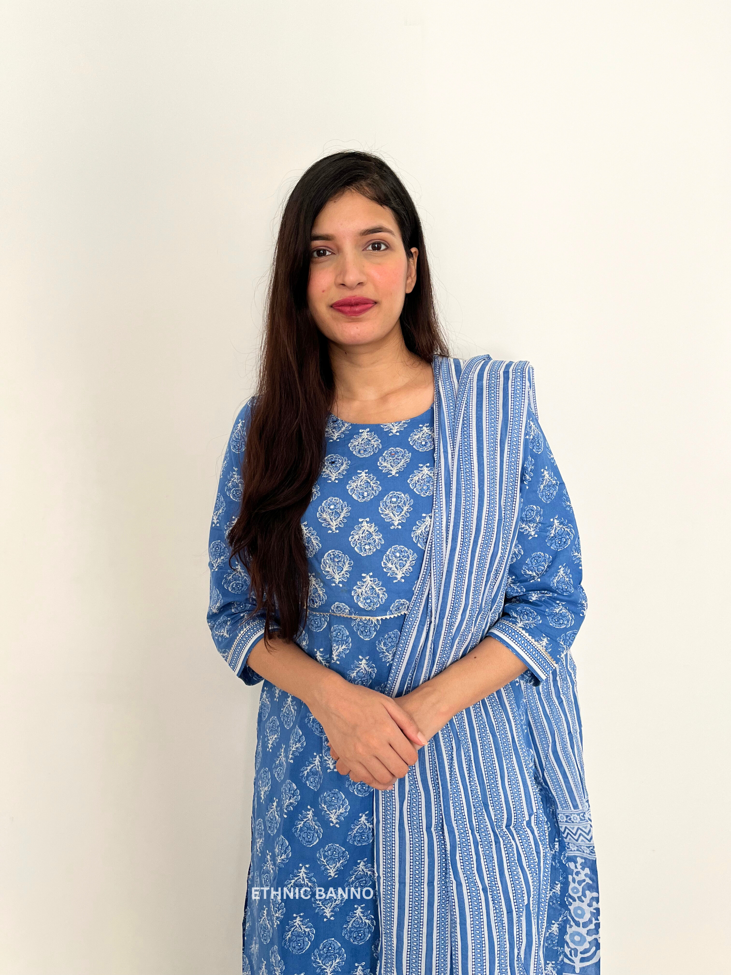 Blue embroidered straight suit set