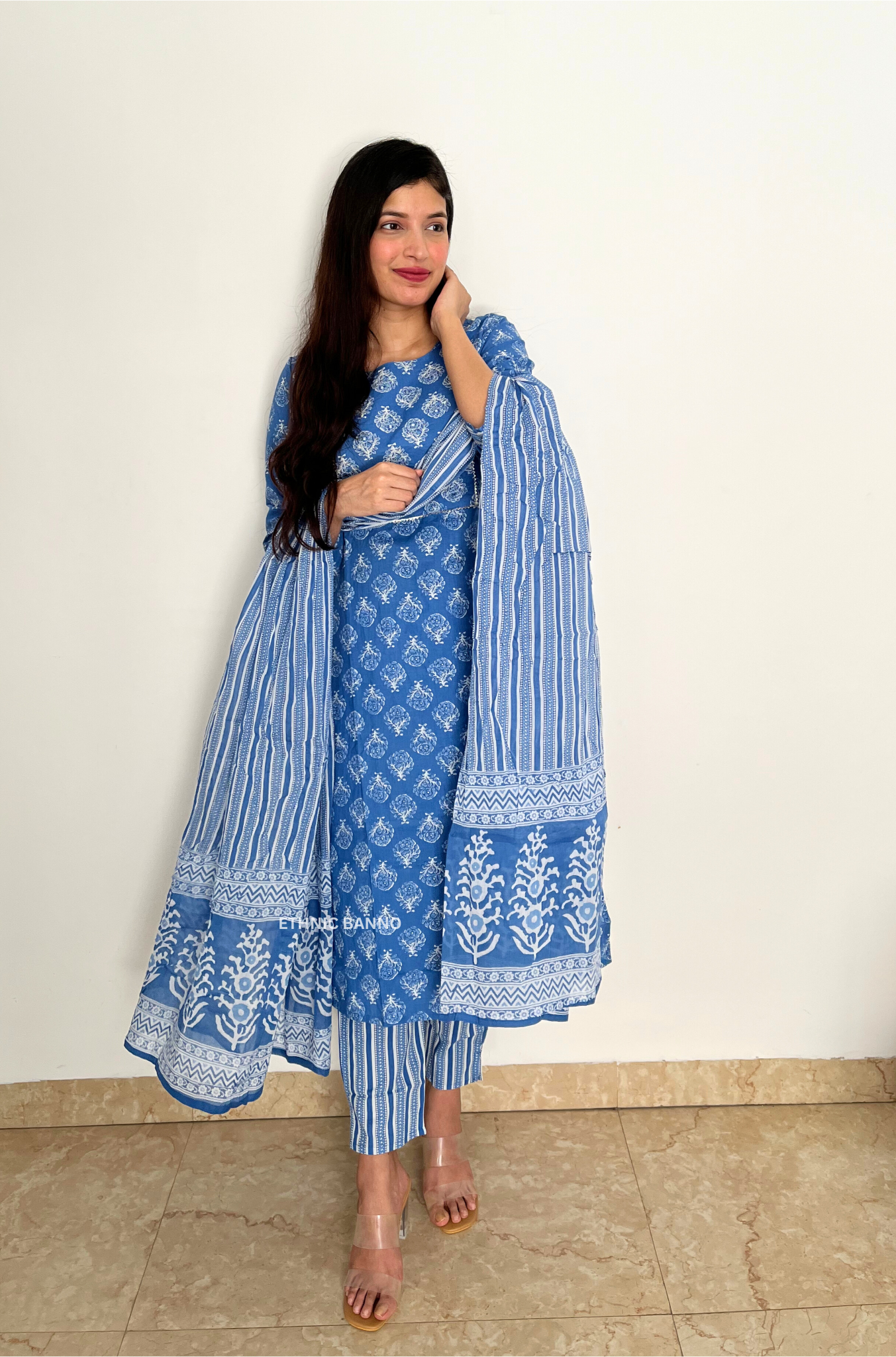 Blue embroidered straight suit set