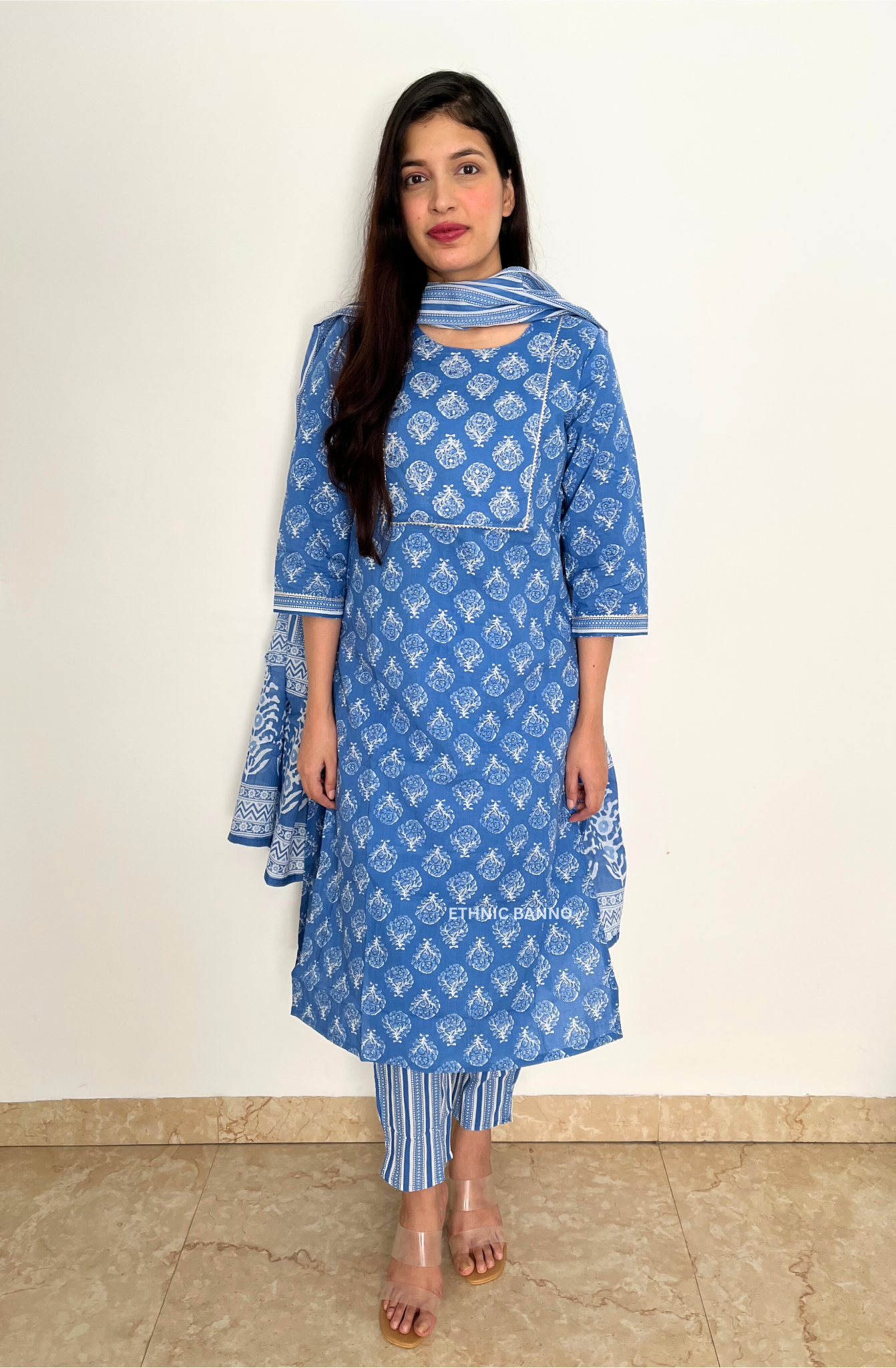 Blue embroidered straight suit set