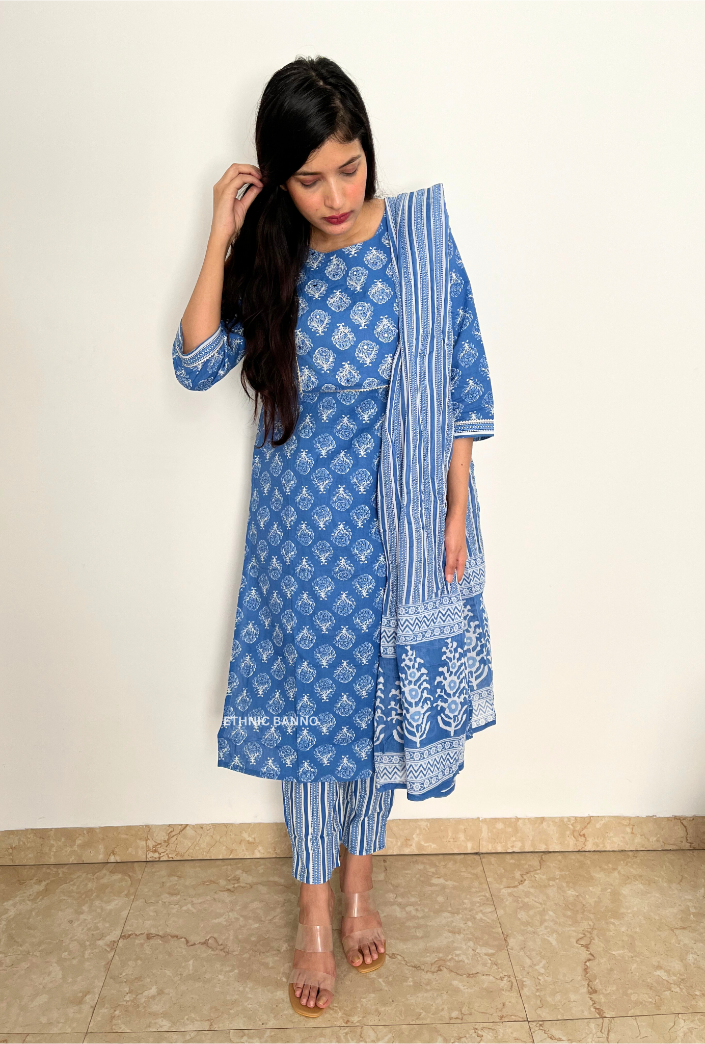 Blue embroidered straight suit set