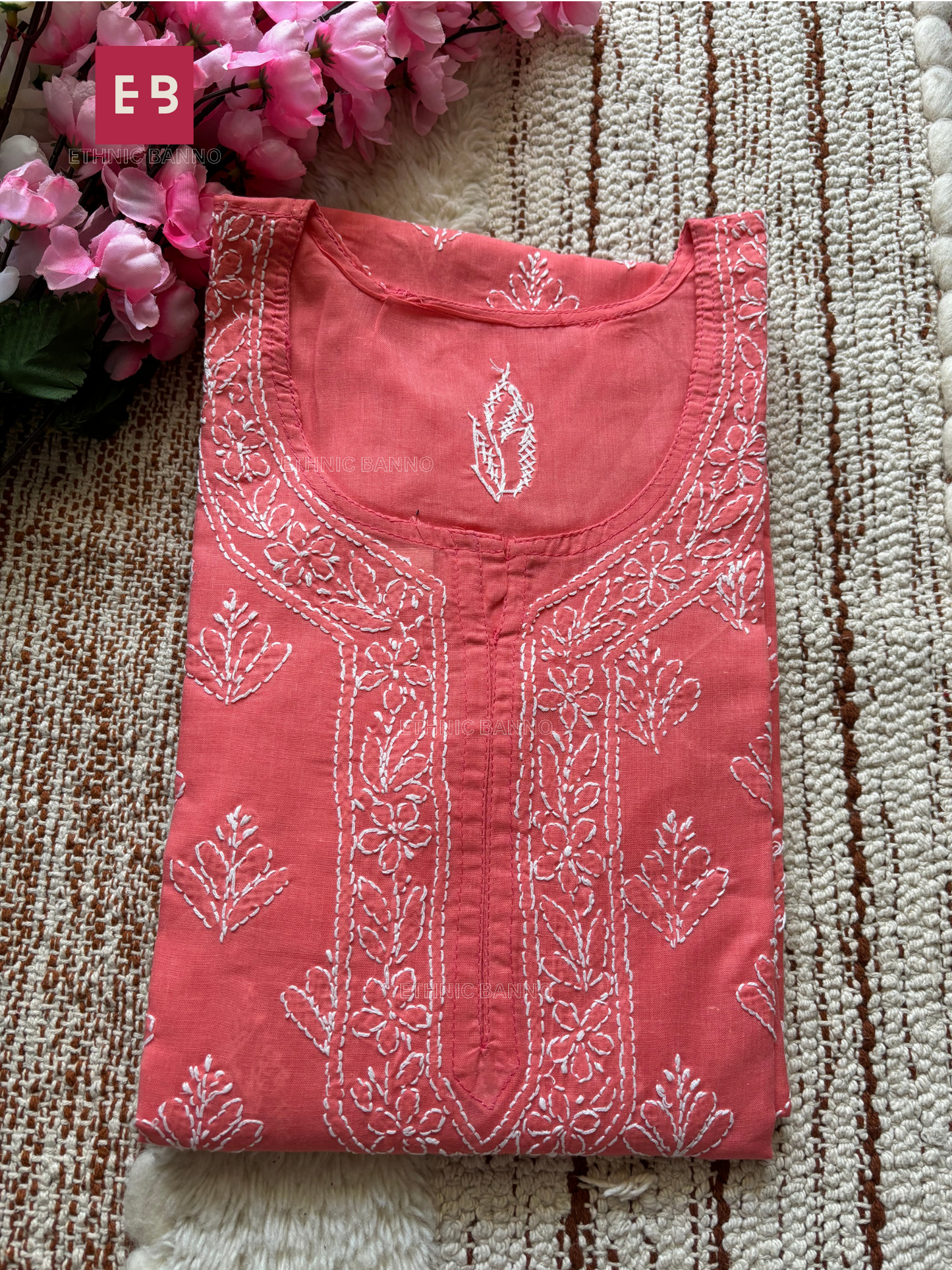 Peach Chikankari Heavy Embroidery Cotton Long Kurta
