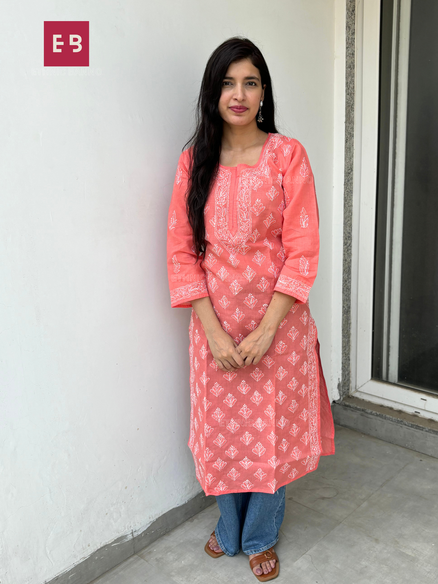 Peach Chikankari Heavy Embroidery Cotton Long Kurta