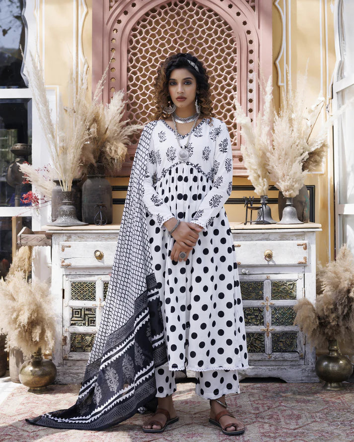 White Polka Dot Embroidered Naira Cut Kurti Set