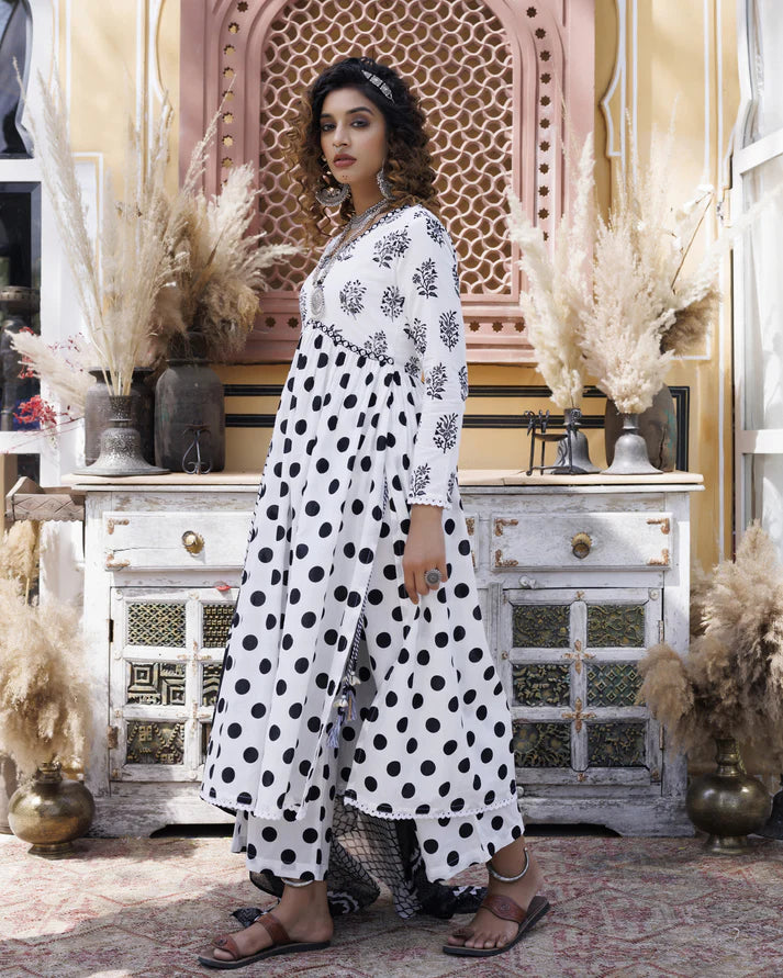 White Polka Dot Embroidered Naira Cut Kurti Set