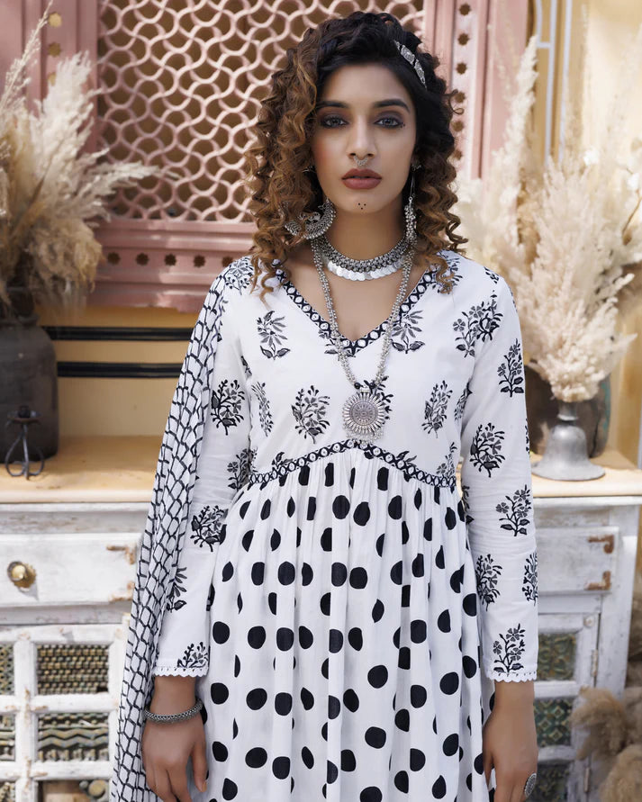 White Polka Dot Embroidered Naira Cut Kurti Set