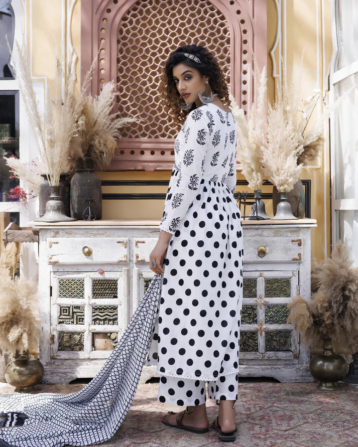 White Polka Dot Embroidered Naira Cut Kurti Set