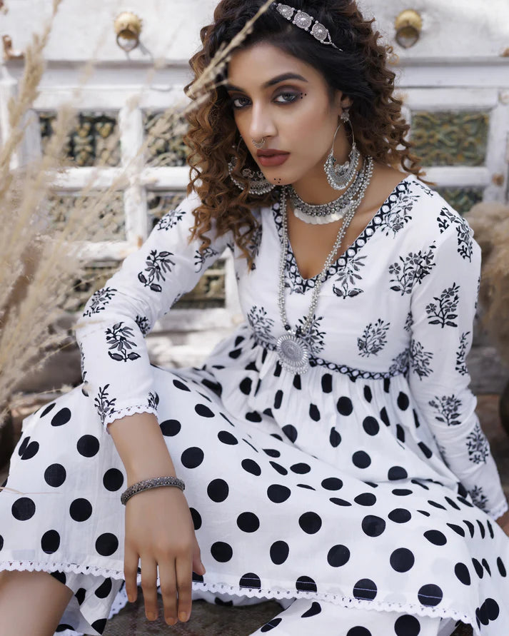 White Polka Dot Embroidered Naira Cut Kurti Set