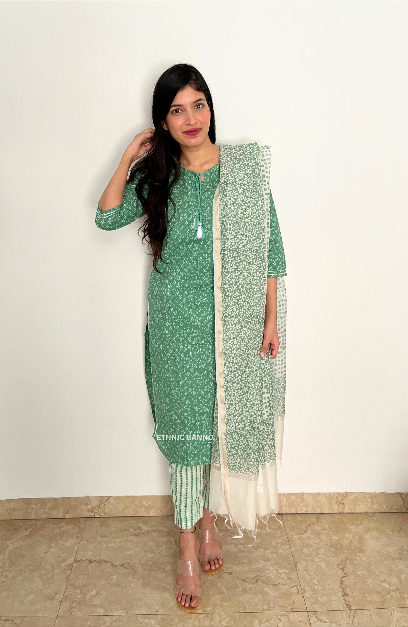 Green embroidered straight suit set