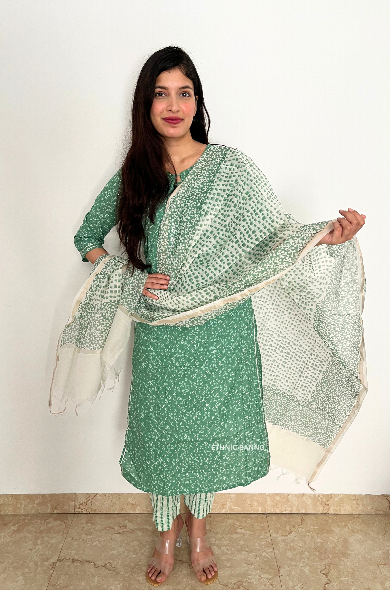 Green embroidered straight suit set