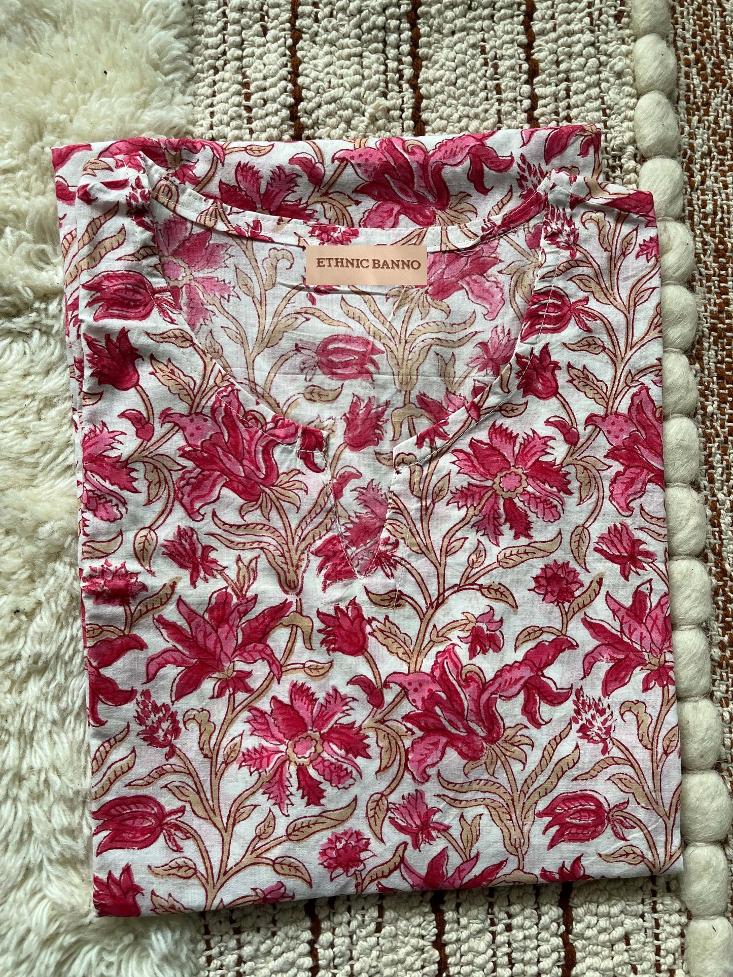 White pink floral hand block kurti