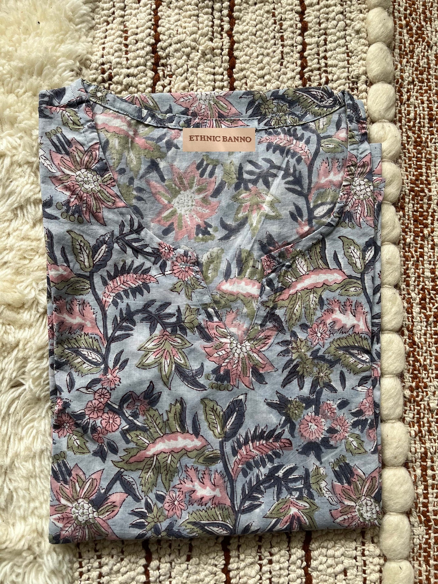 Blue tropical hand block kurti