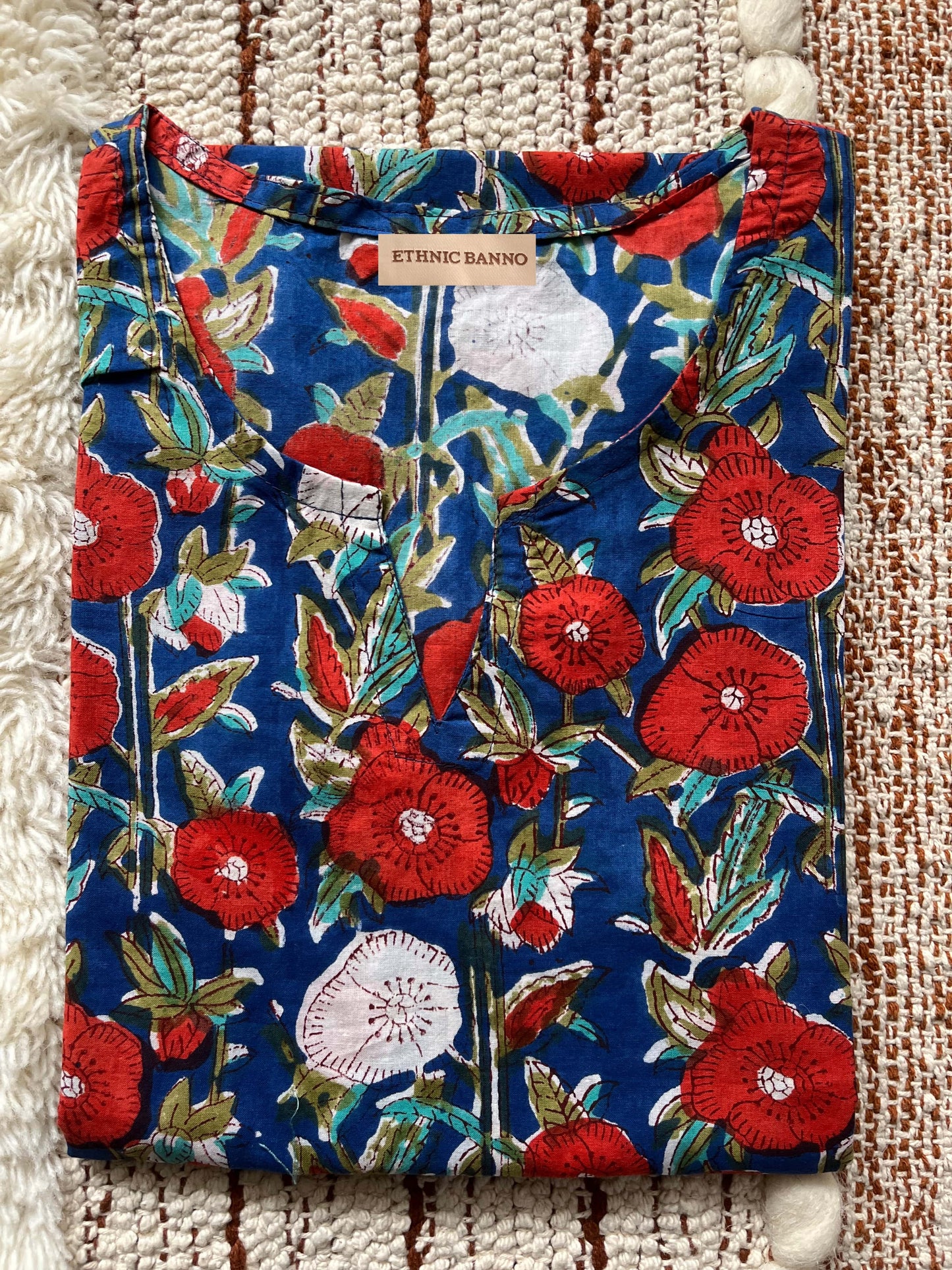 Navy blue floral hand block kurti