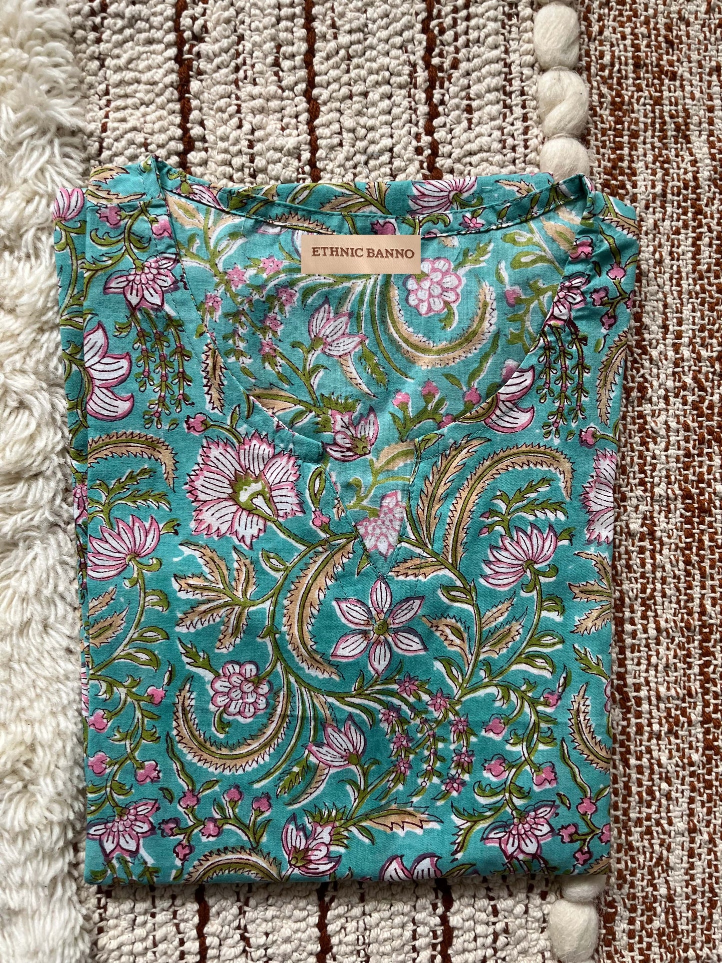 Green tropical hand block kurti