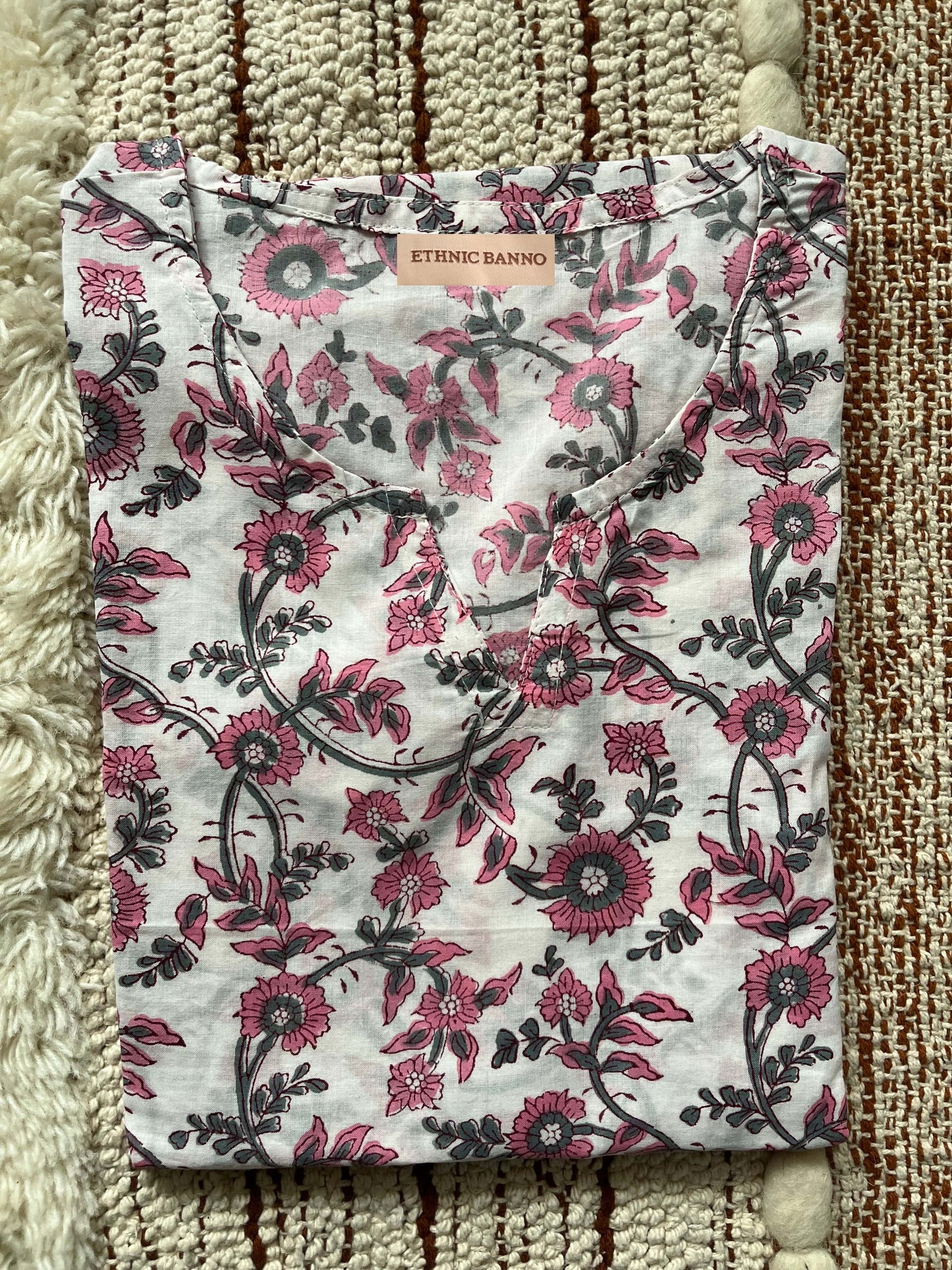 White floral hand block kurti