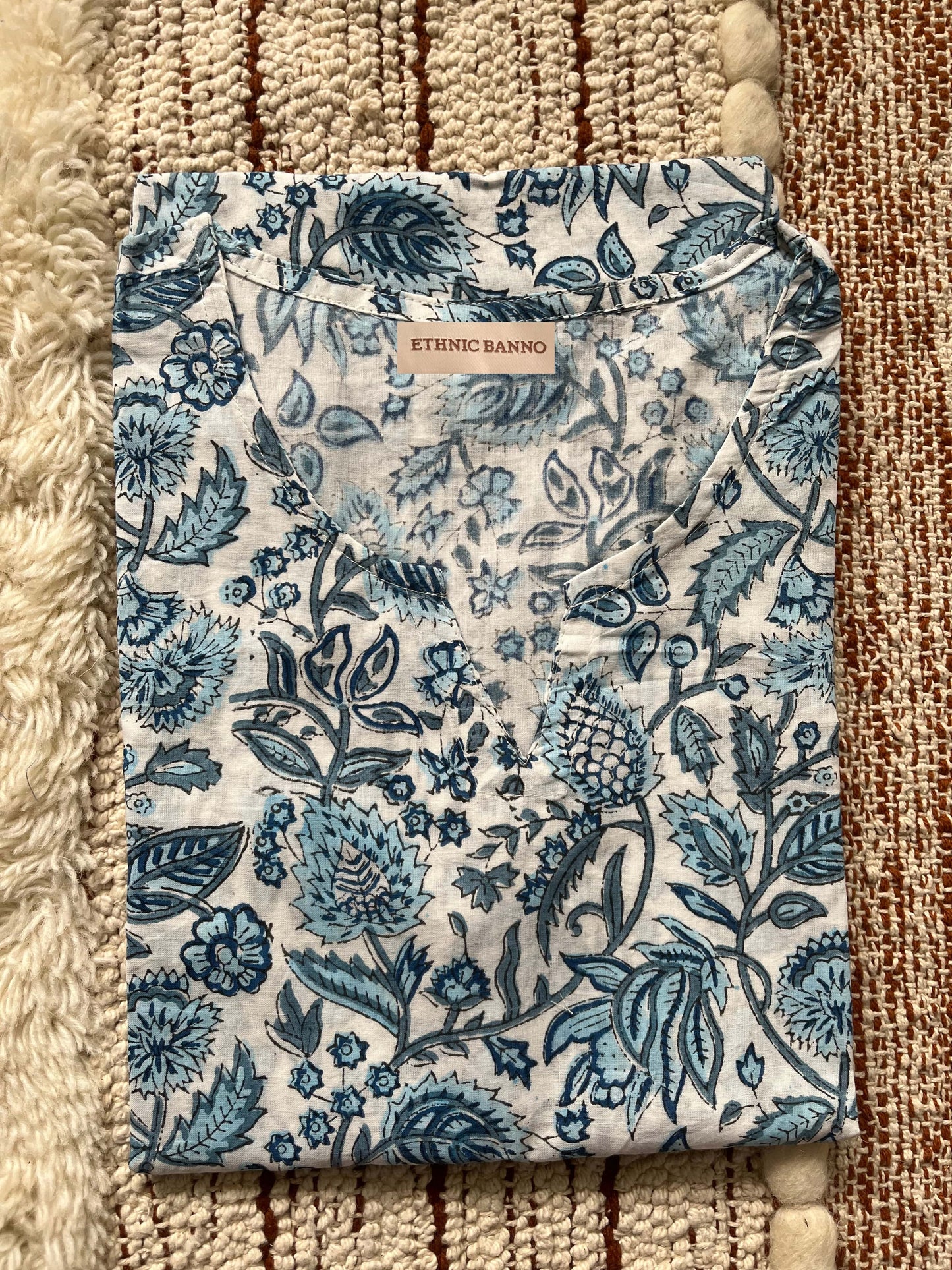 White blue floral hand block kurti