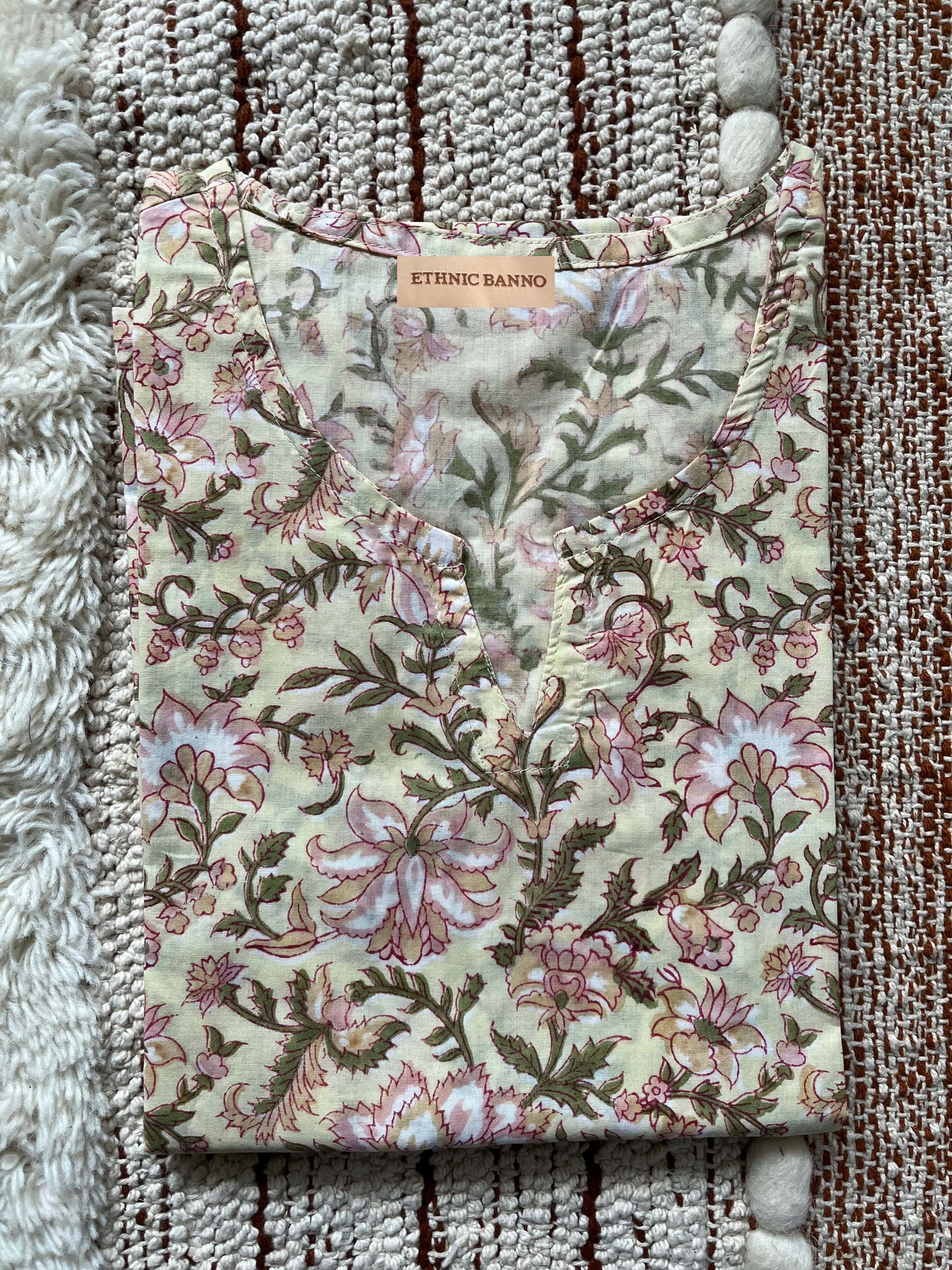 Pastel yellow hand block kurti