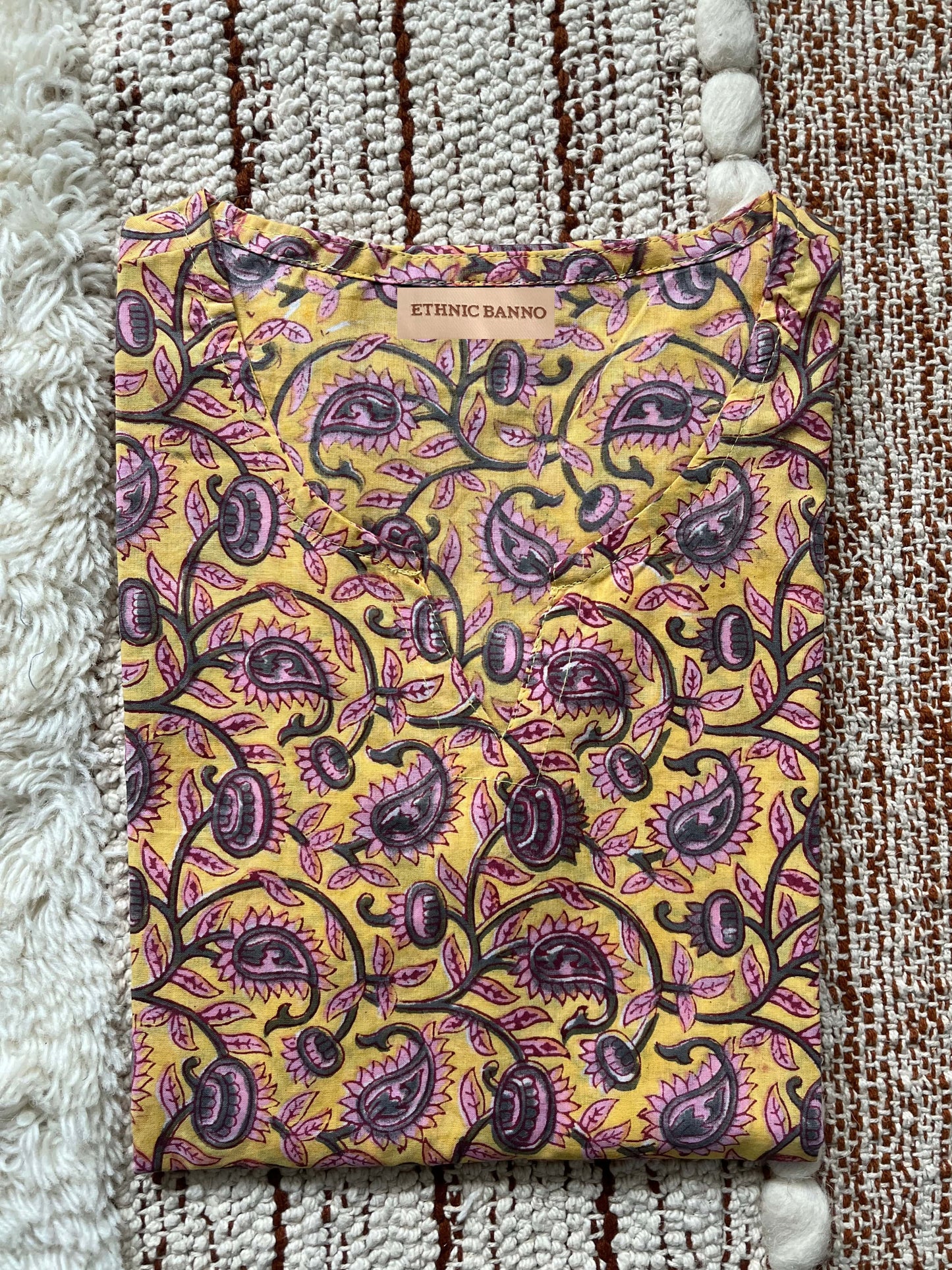 Yellow hand block kurti