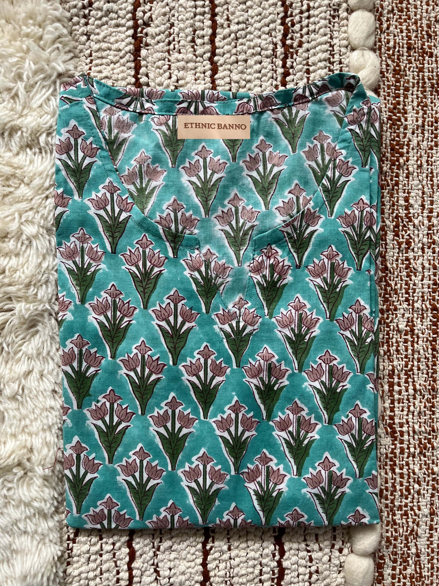 Green hand block kurti