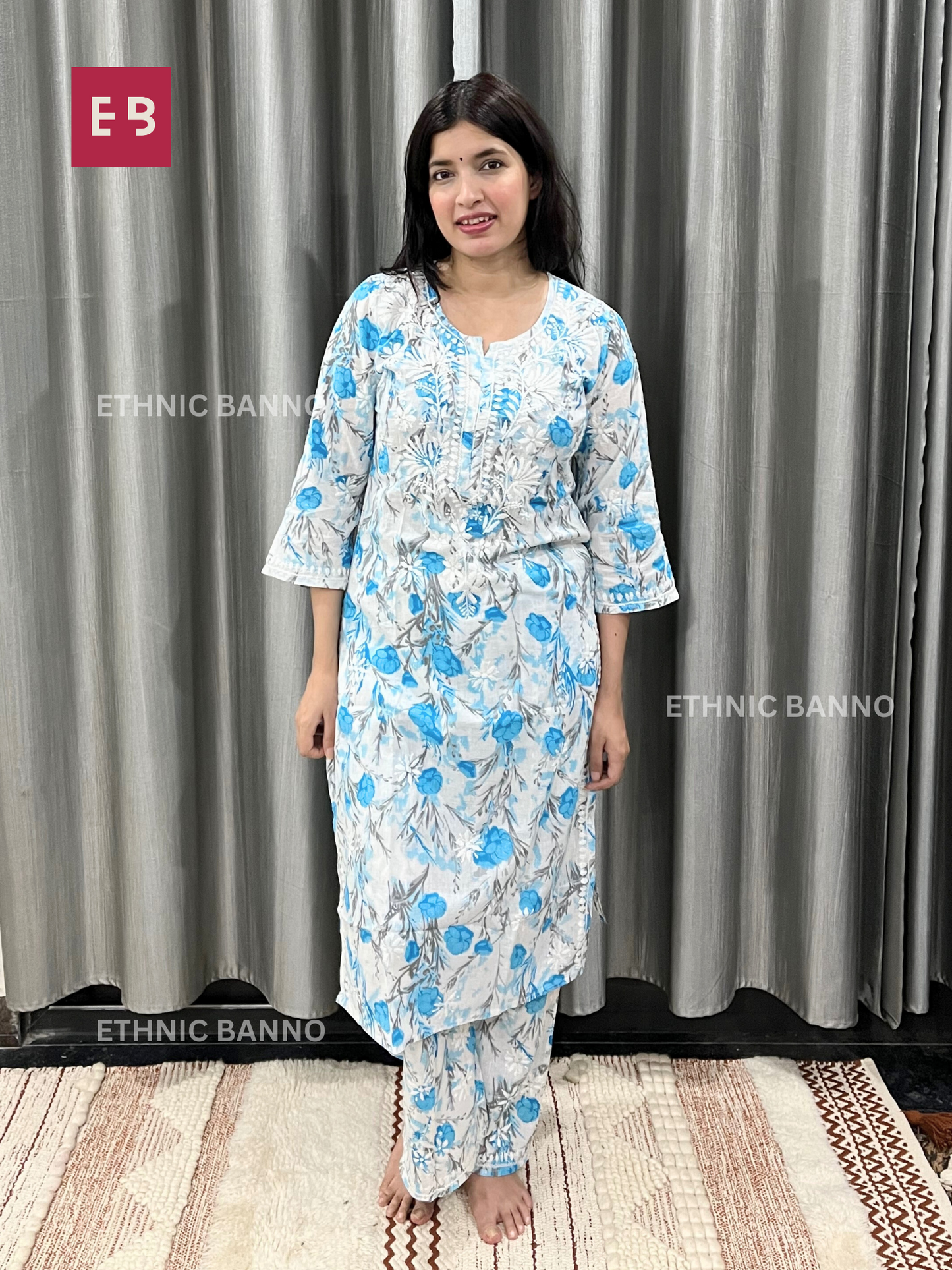 Hoor Blue Floral Mulmul Chikankari Co-ord Set