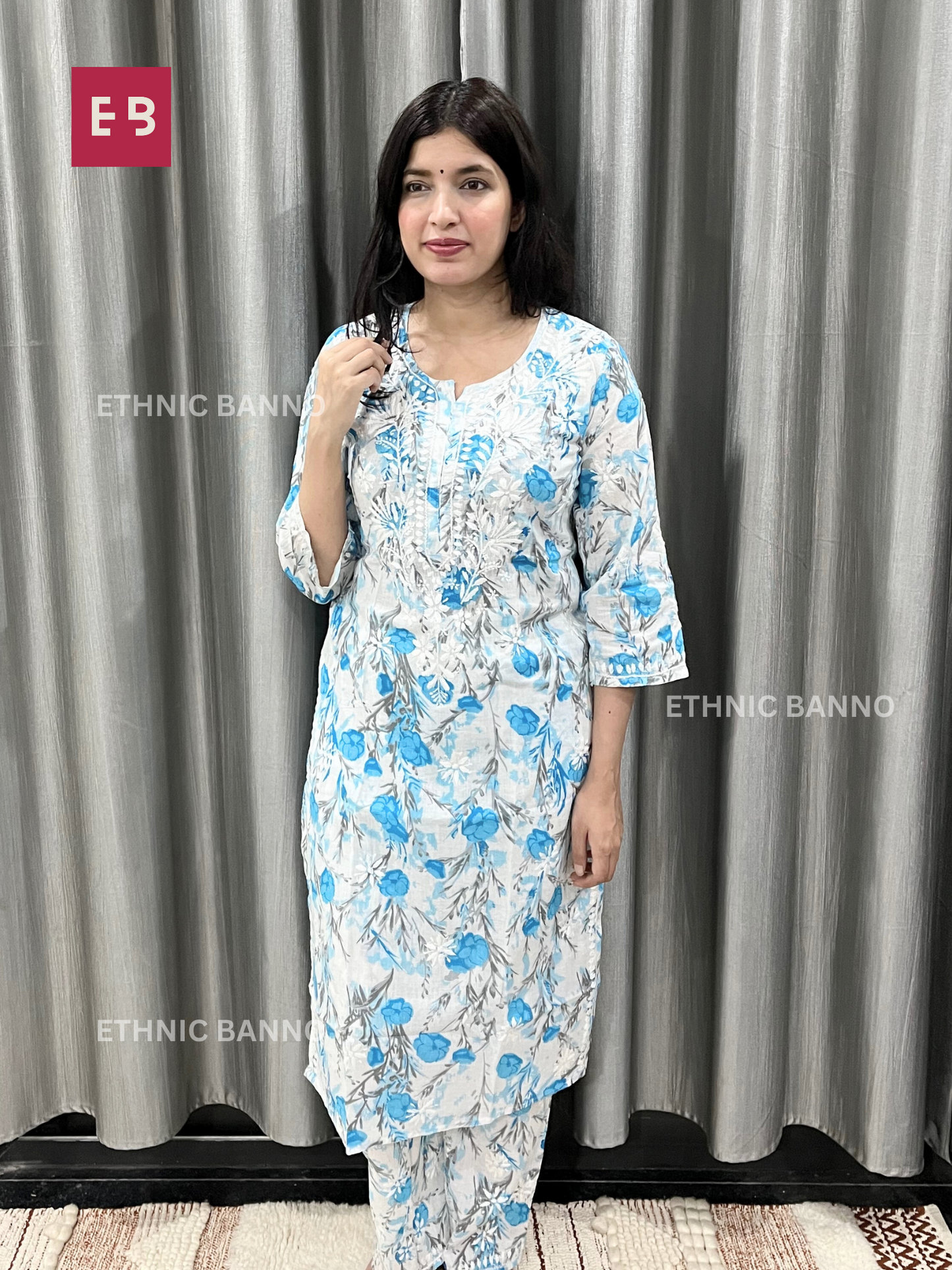 Hoor Blue Floral Mulmul Chikankari Co-ord Set