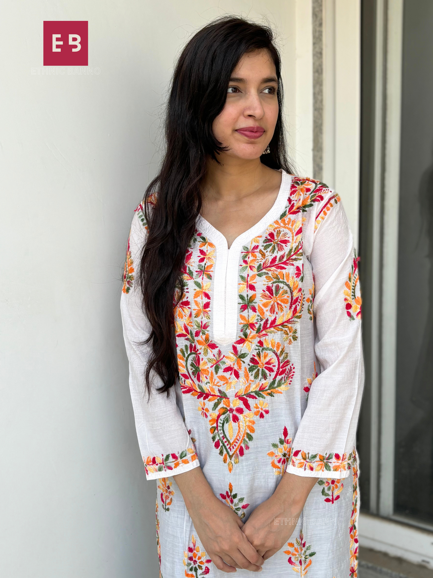 White Multi Thread Chikankari Cotton Long Kurta