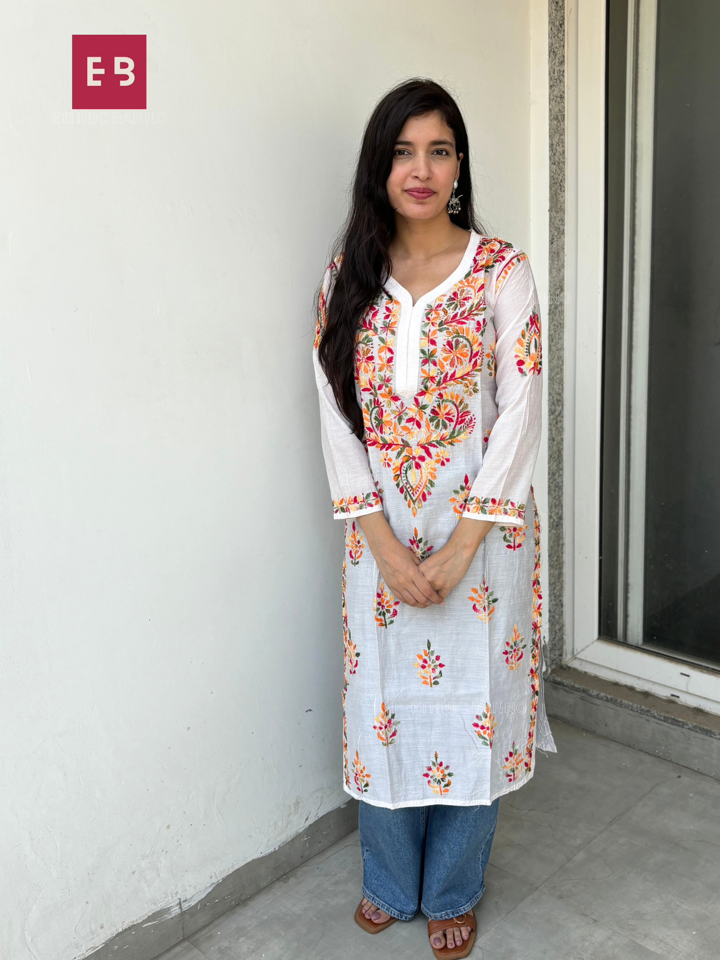 White Multi Thread Chikankari Cotton Long Kurta