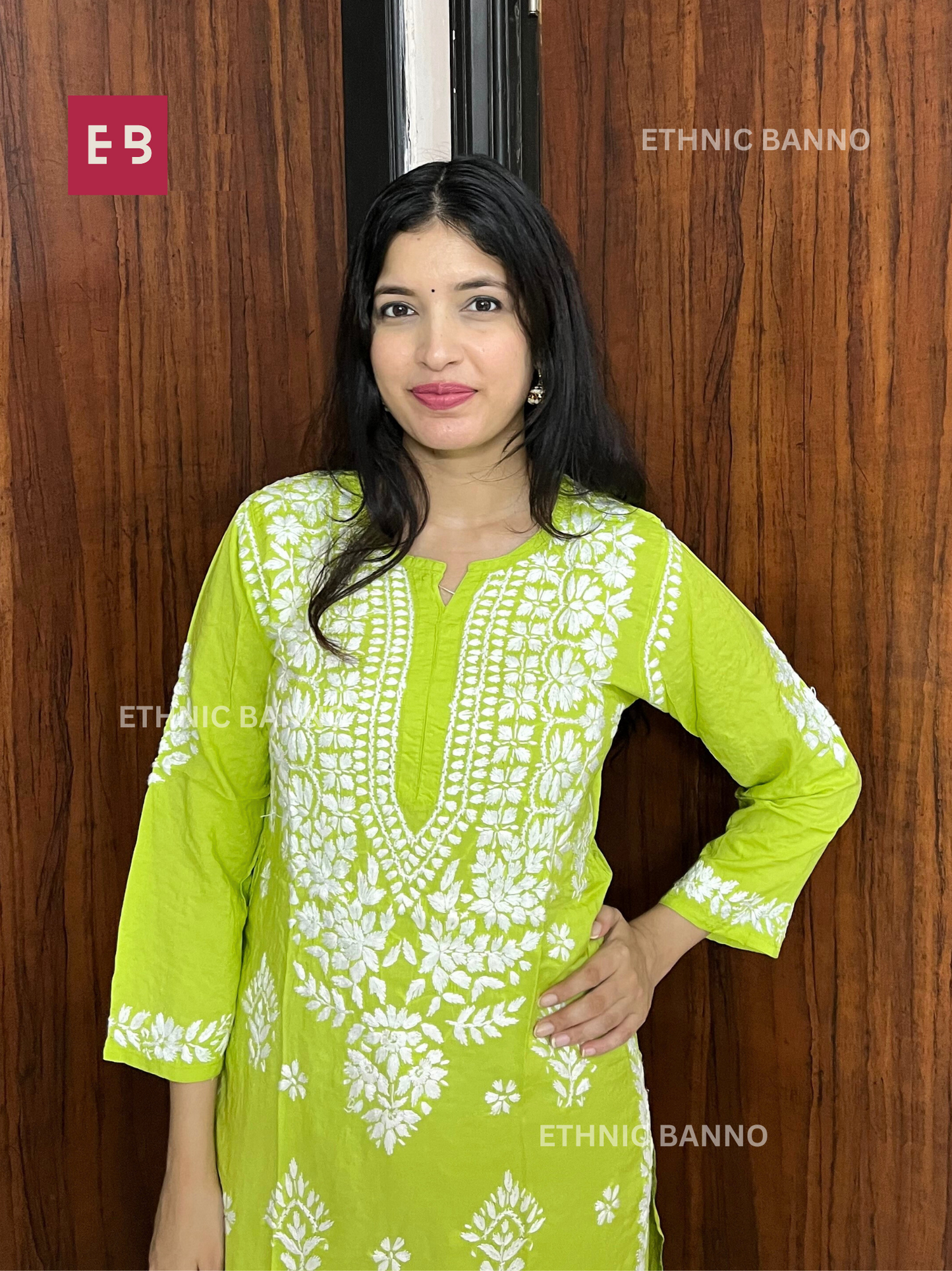 Neon Green Chikankari Modal Long Kurta