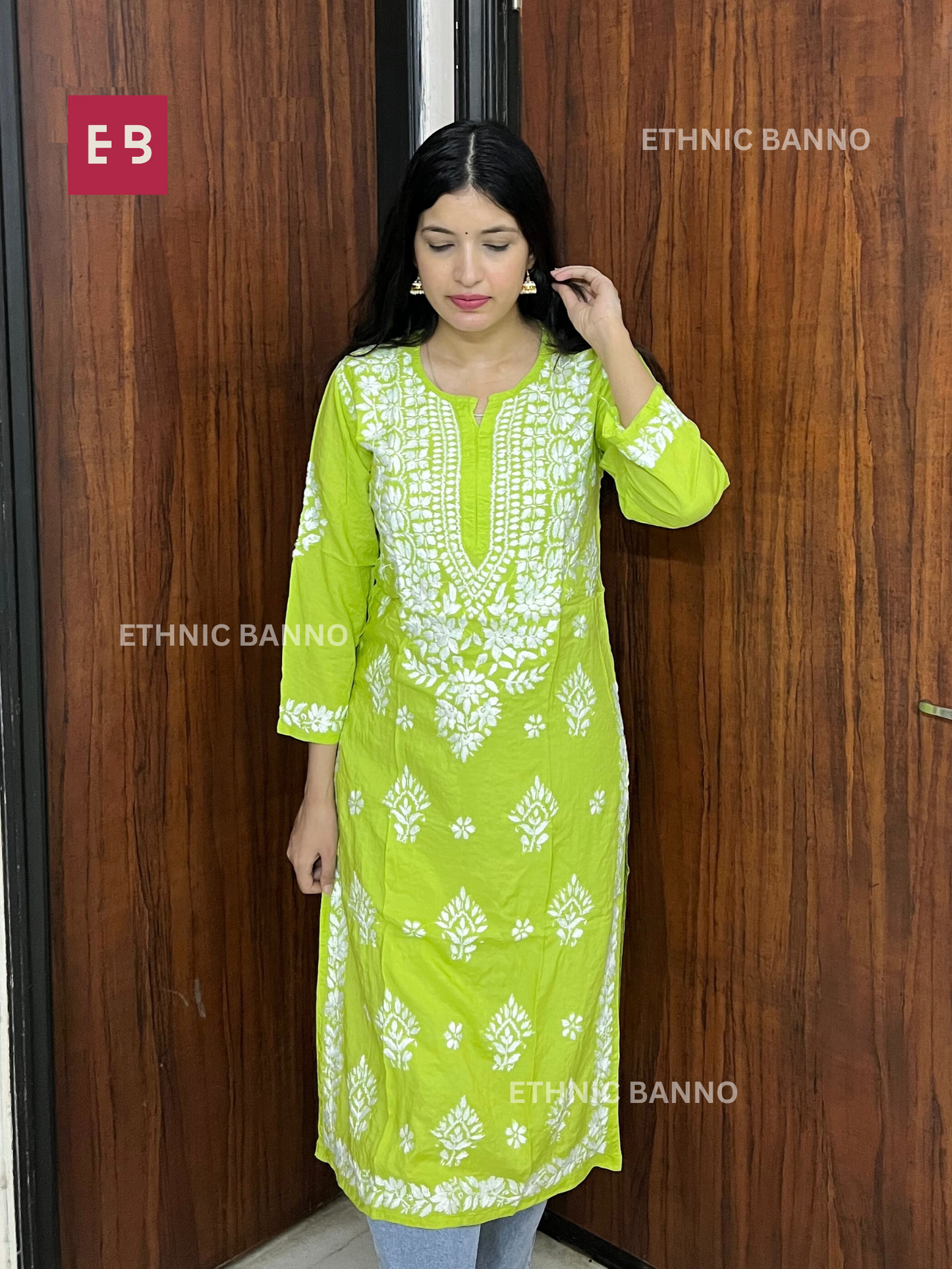 Neon Green Chikankari Modal Long Kurta