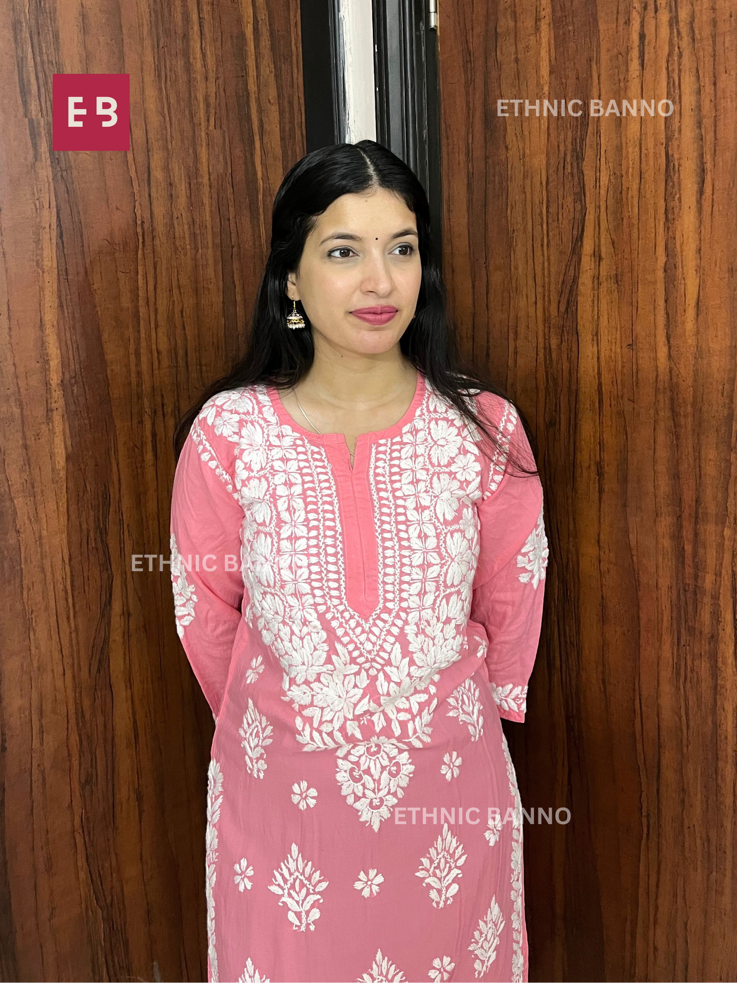 Peach Chikankari Modal Long Kurta