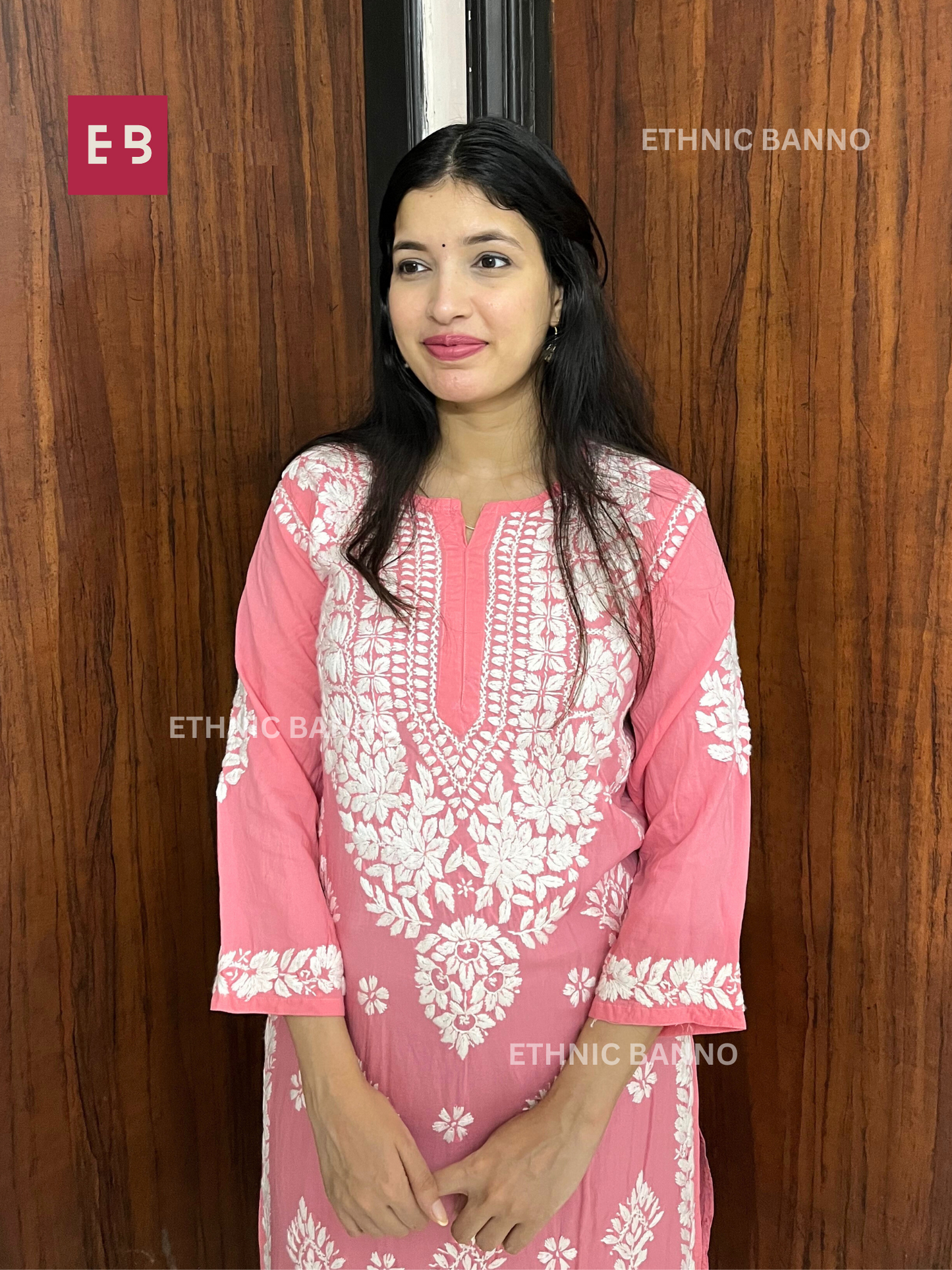 Peach Chikankari Modal Long Kurta