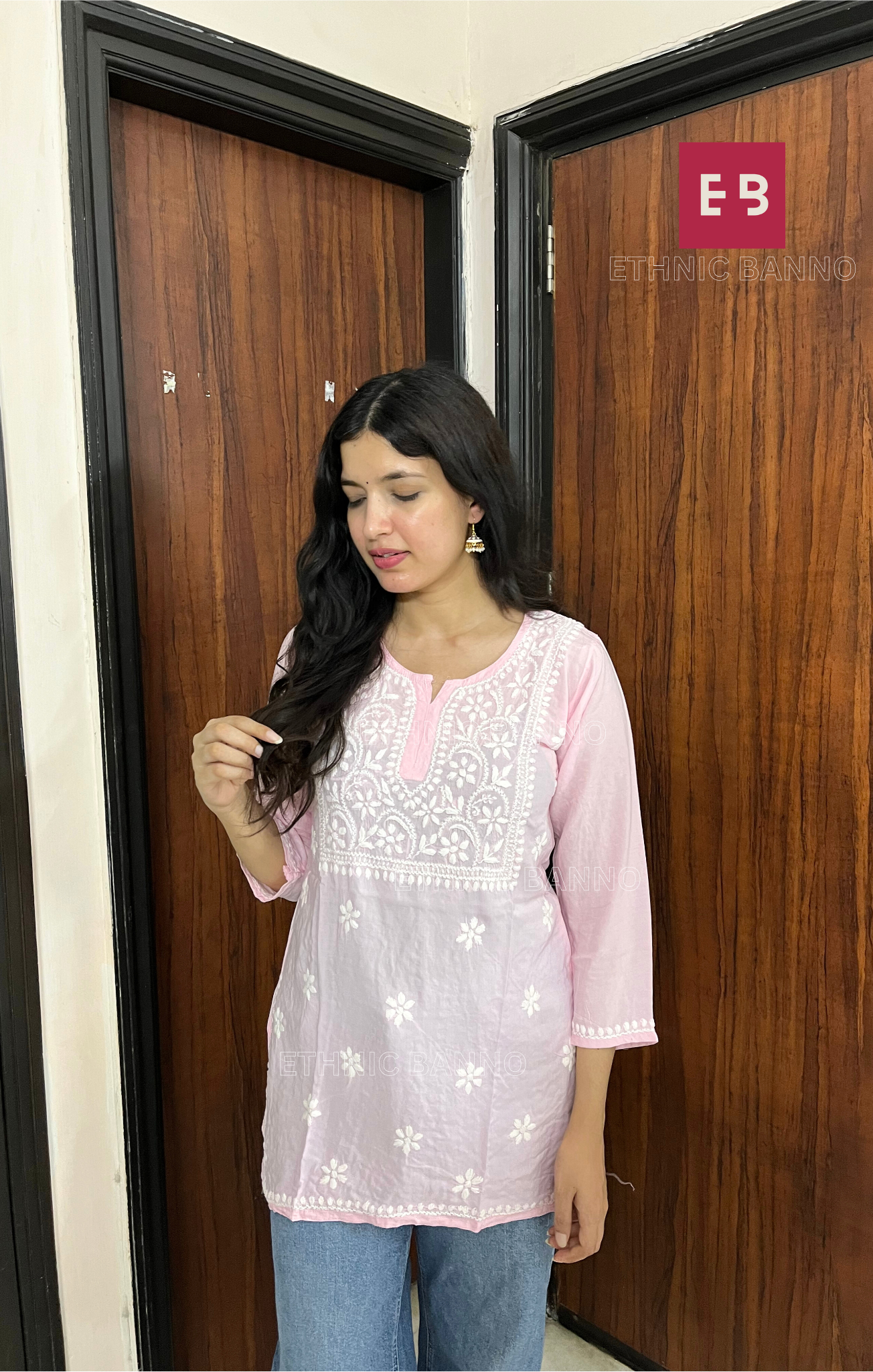 Alaya Baby Pink Chikankari Modal Short Kurti