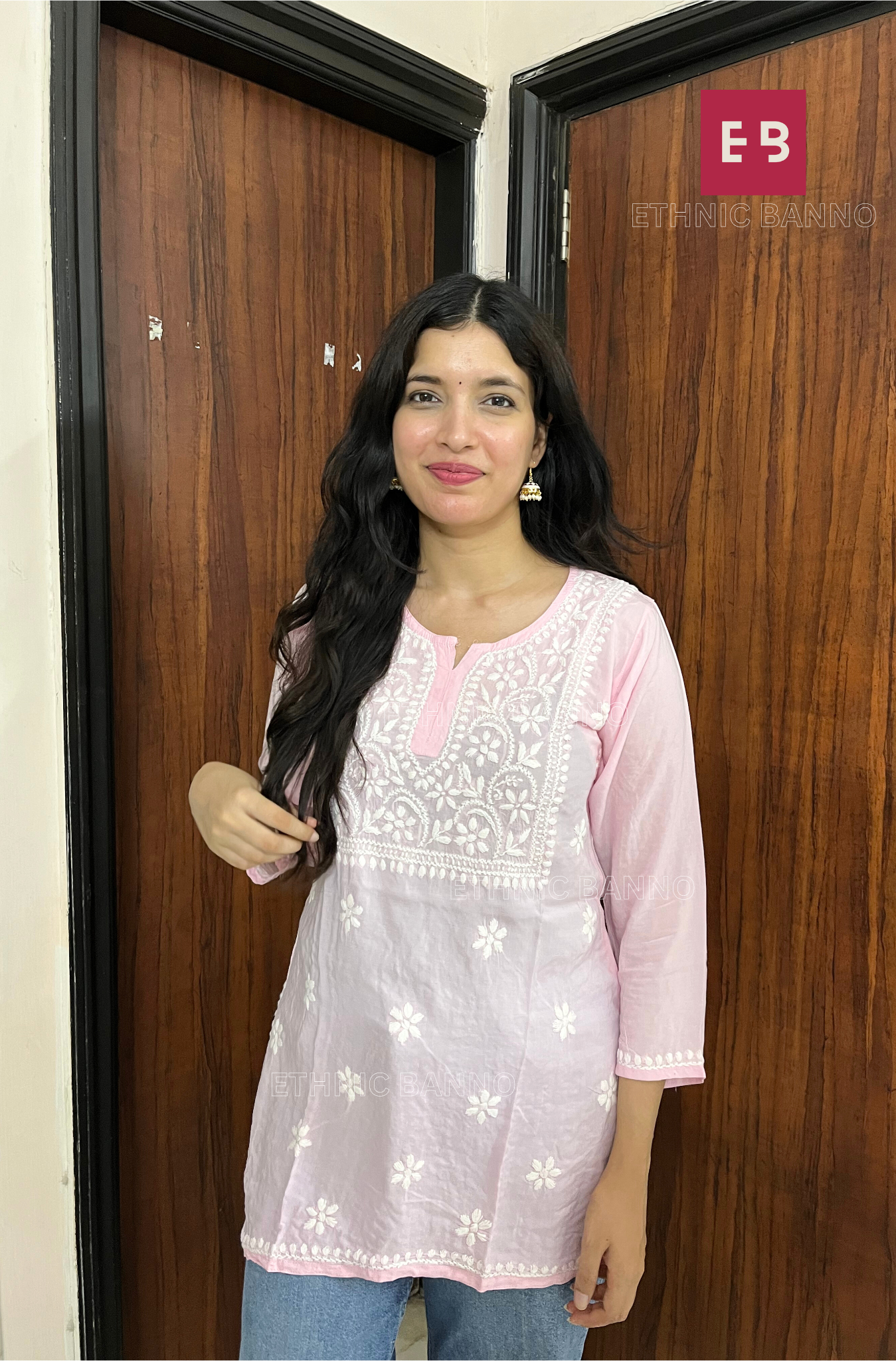 Alaya Baby Pink Chikankari Modal Short Kurti