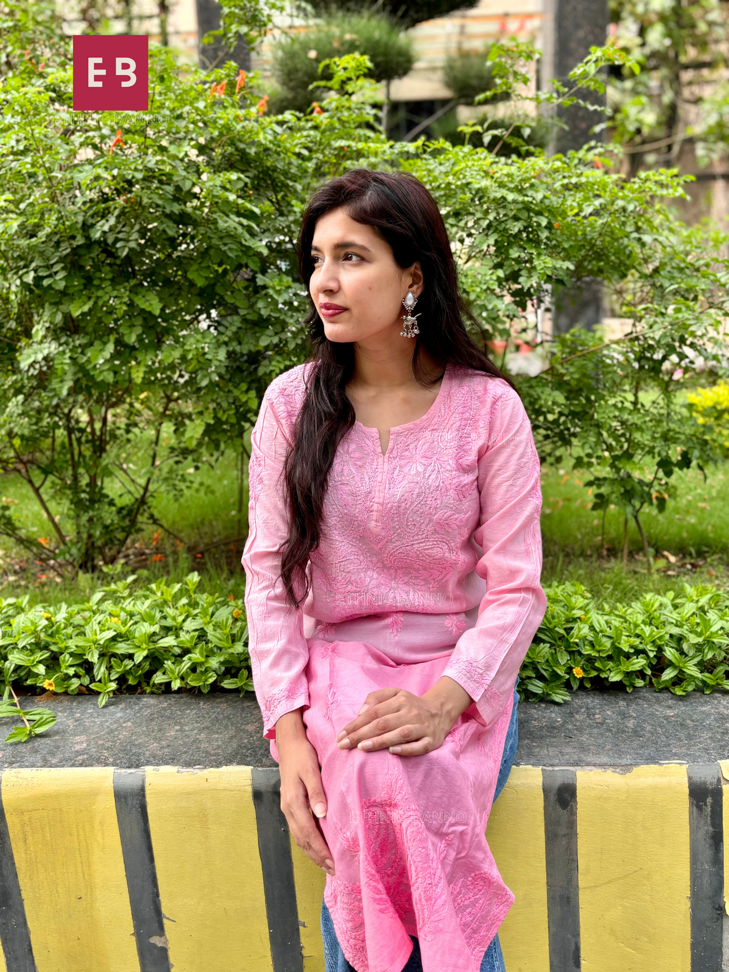 Pink Chikankari Ombre Chanderi Cotton Long Kurta