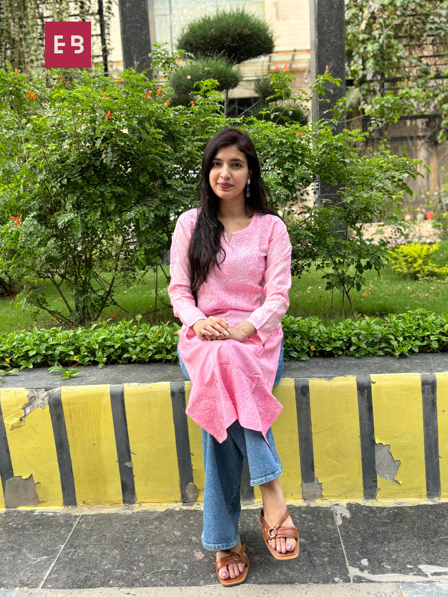 Pink Chikankari Ombre Chanderi Cotton Long Kurta