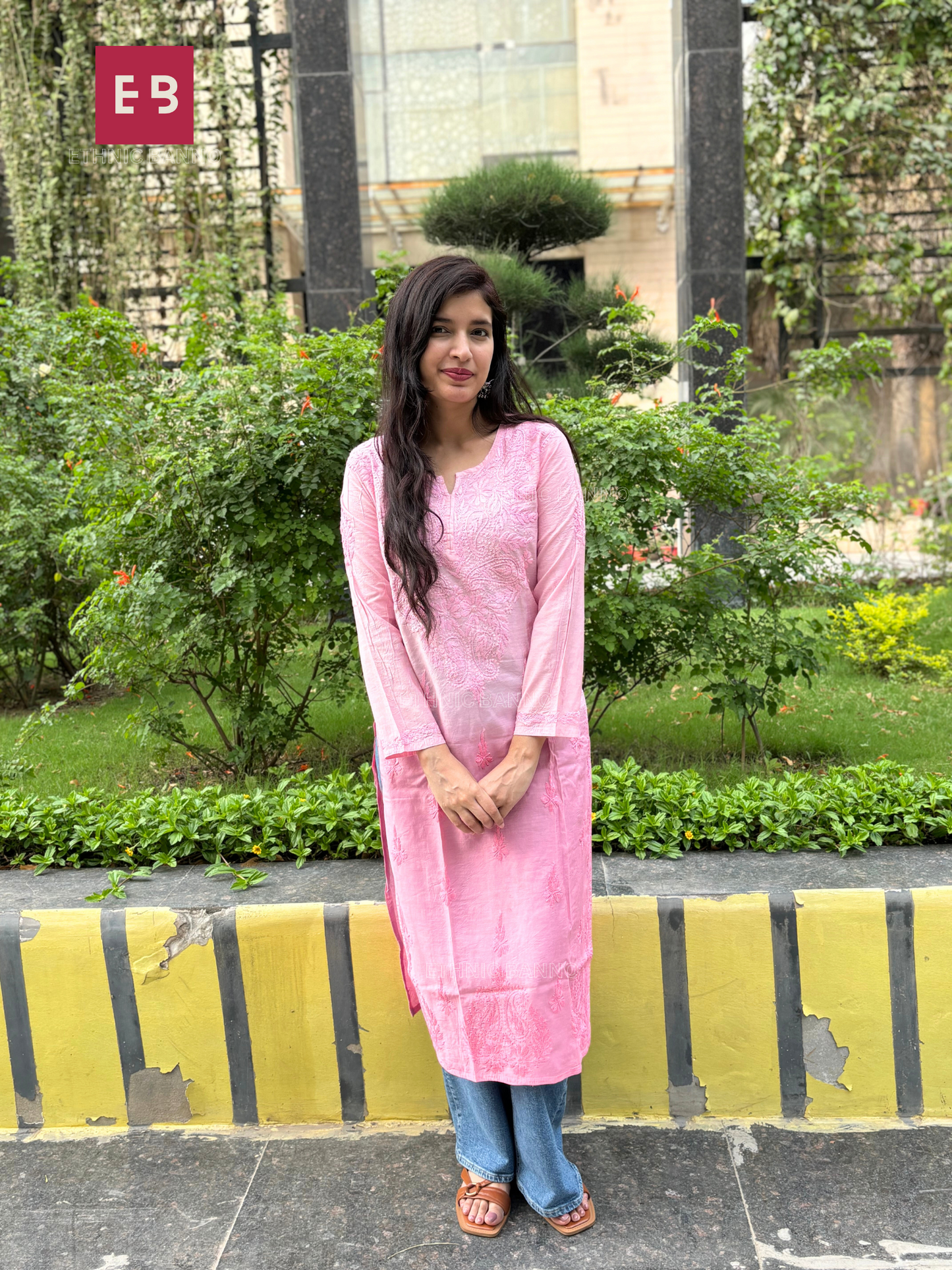 Pink Chikankari Ombre Chanderi Cotton Long Kurta