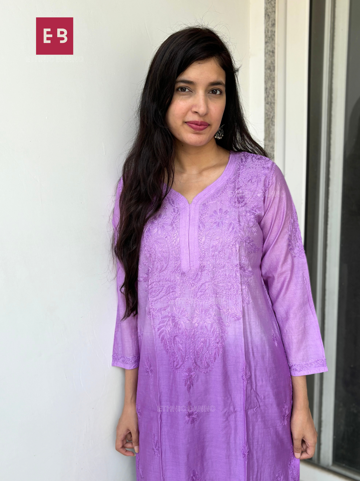 Purple Chikankari Ombre Chanderi Cotton Long Kurta