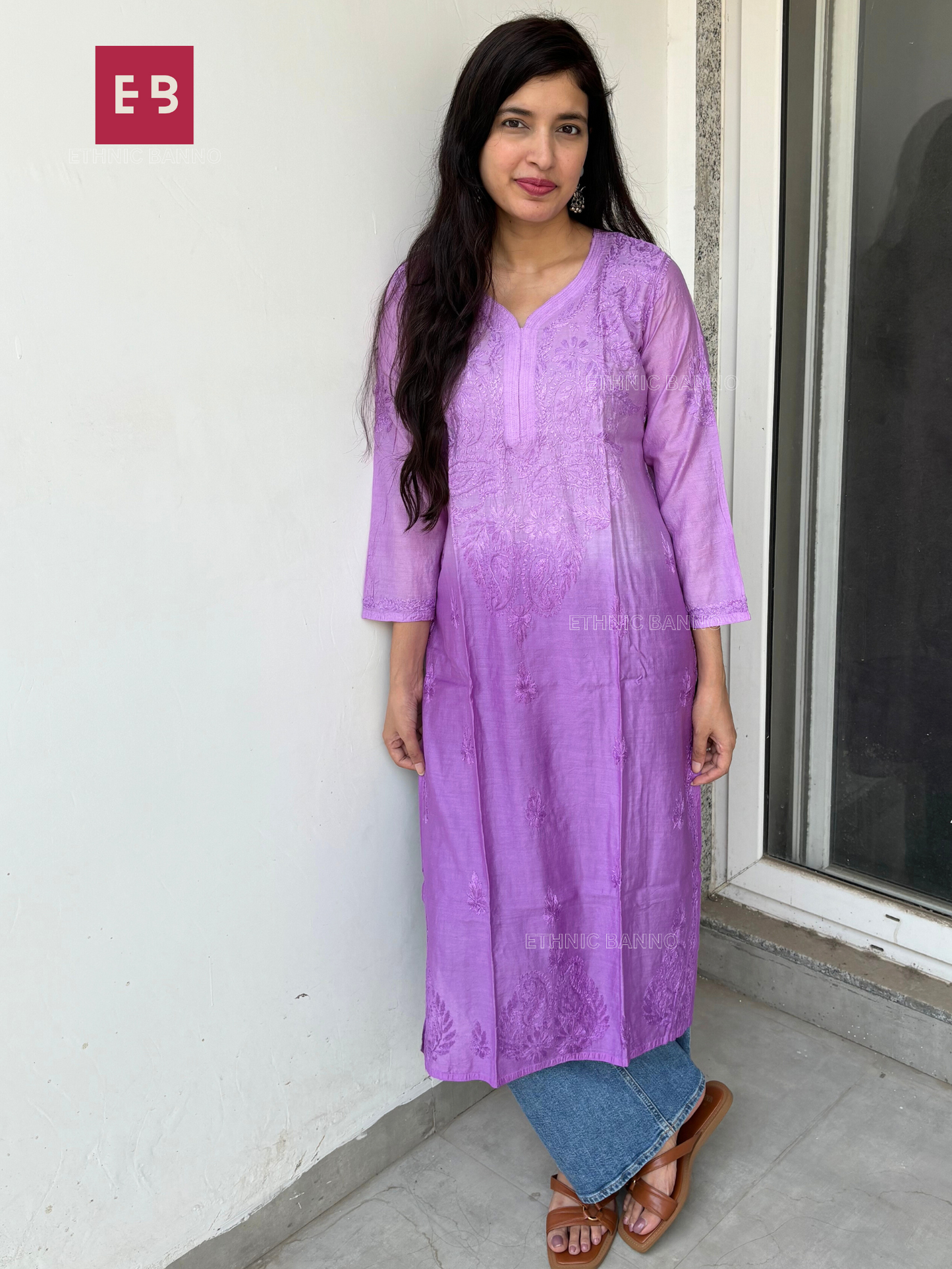Purple Chikankari Ombre Chanderi Cotton Long Kurta