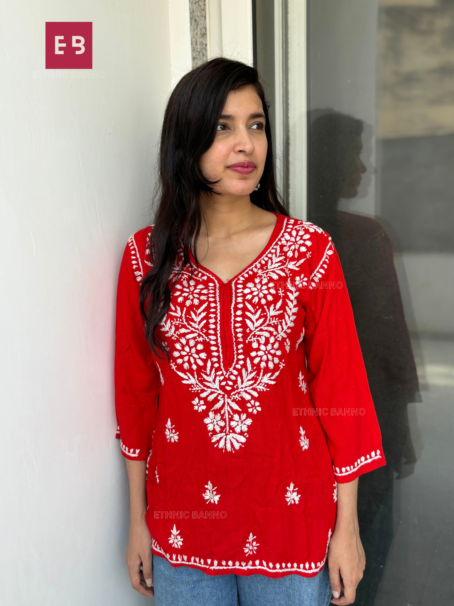 Red Chikankari Rayon Short Kurti