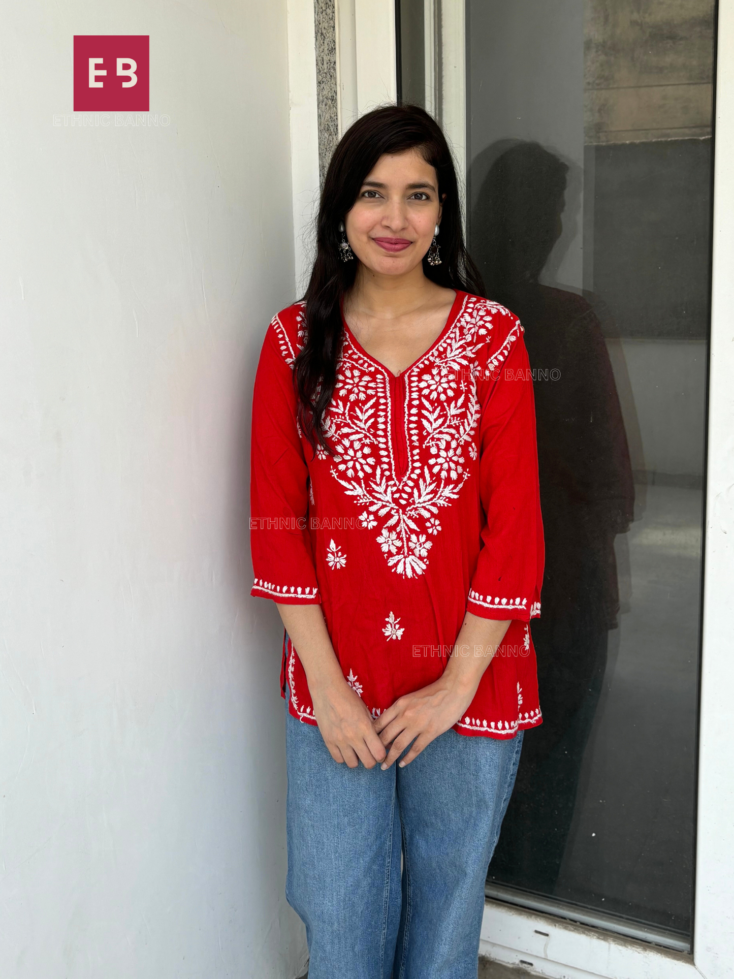 Red Chikankari Rayon Short Kurti