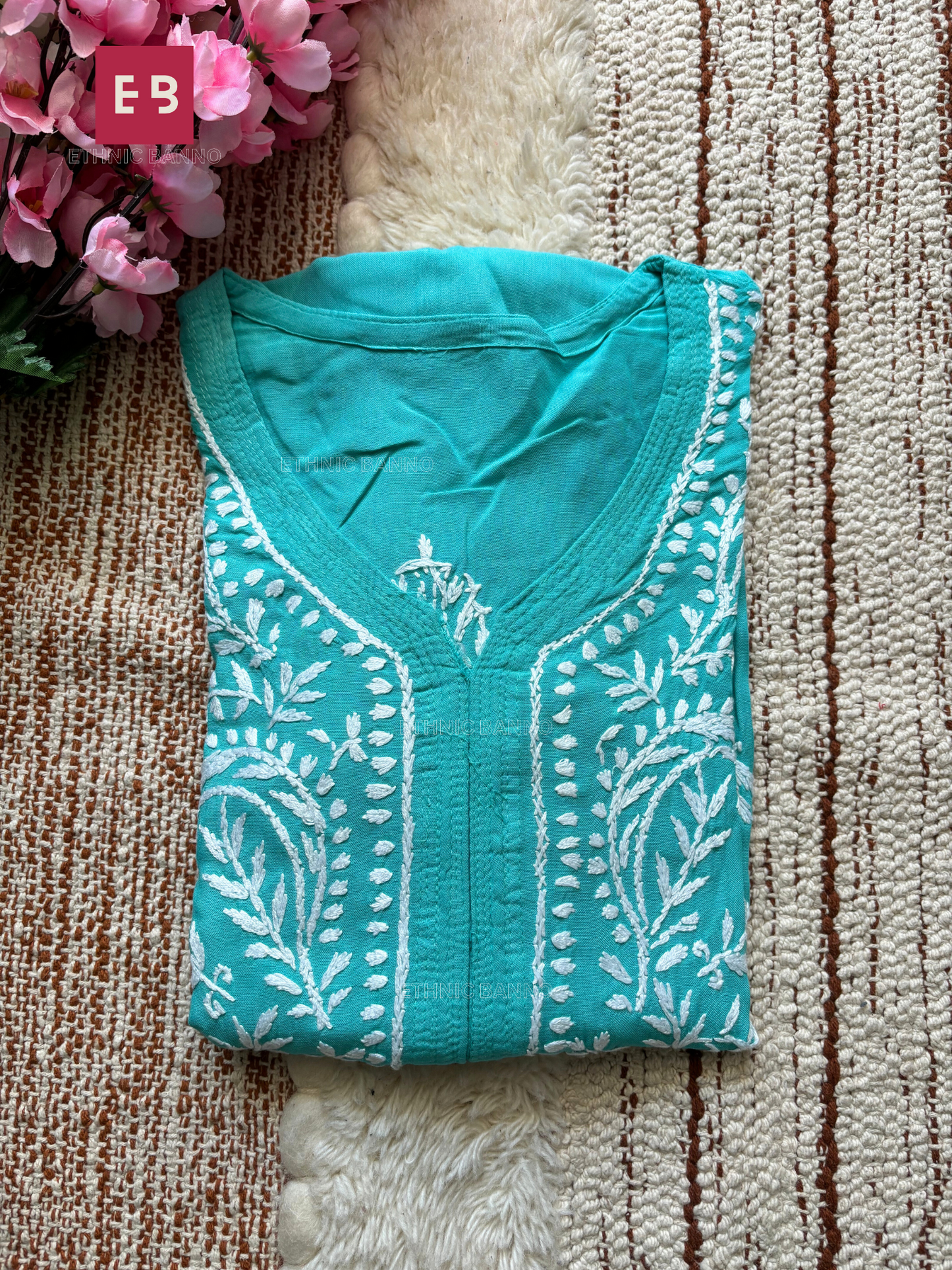 Teal Chikankari Rayon Long Kurti