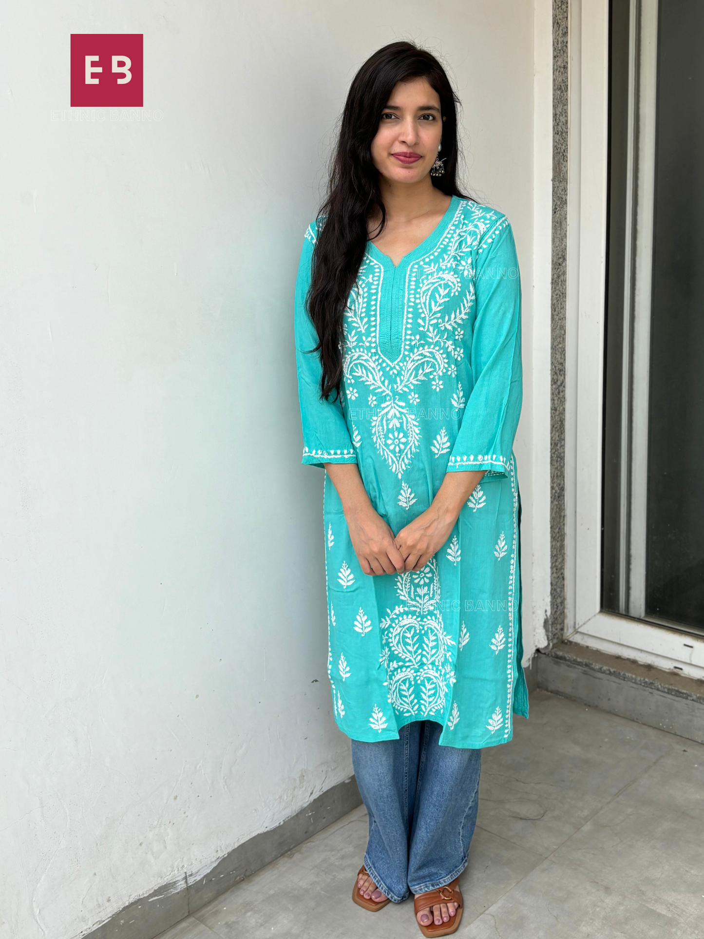 Teal Chikankari Rayon Long Kurti