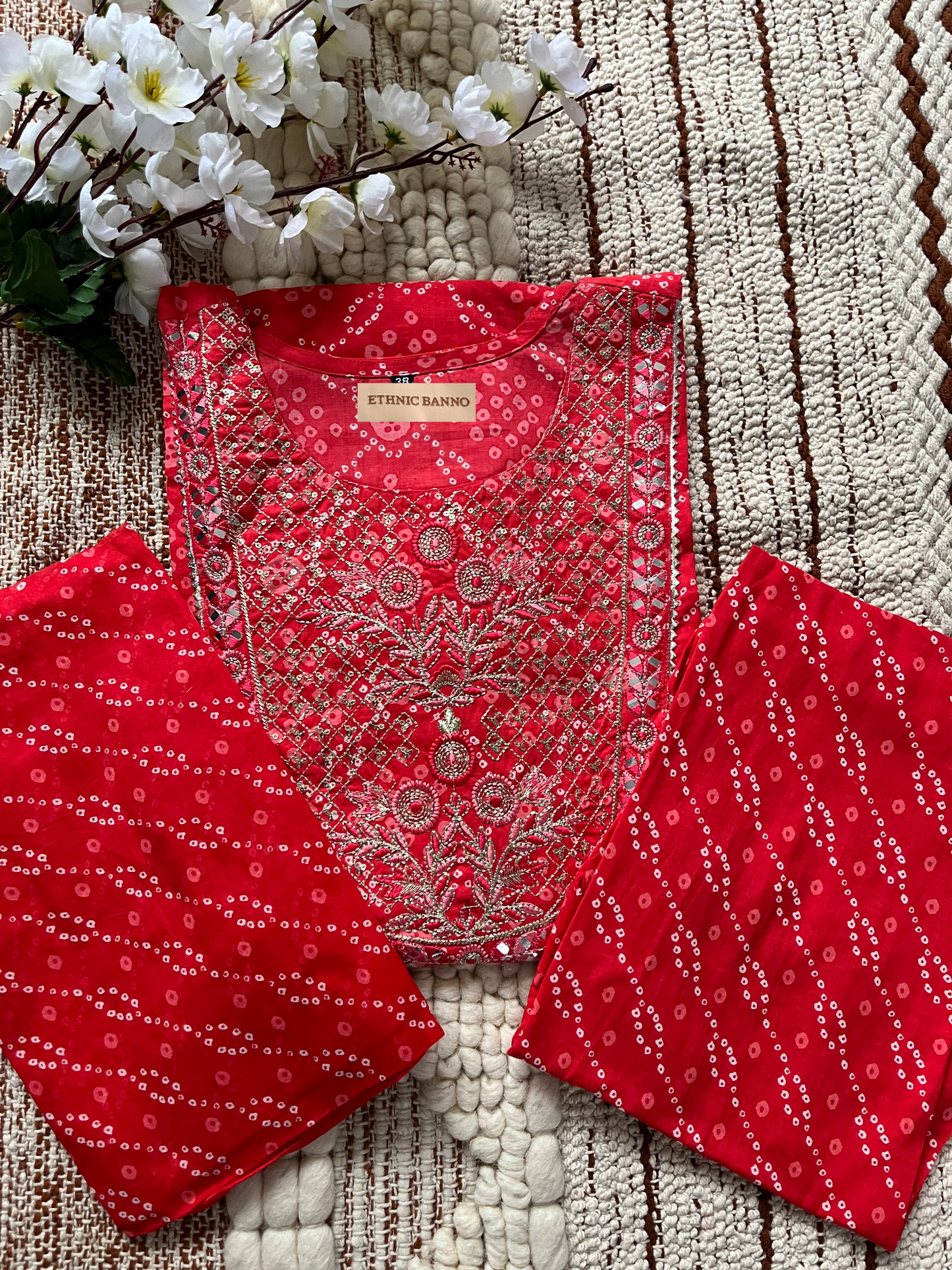 Coral Bandhej Embroidered Cotton Suit Set