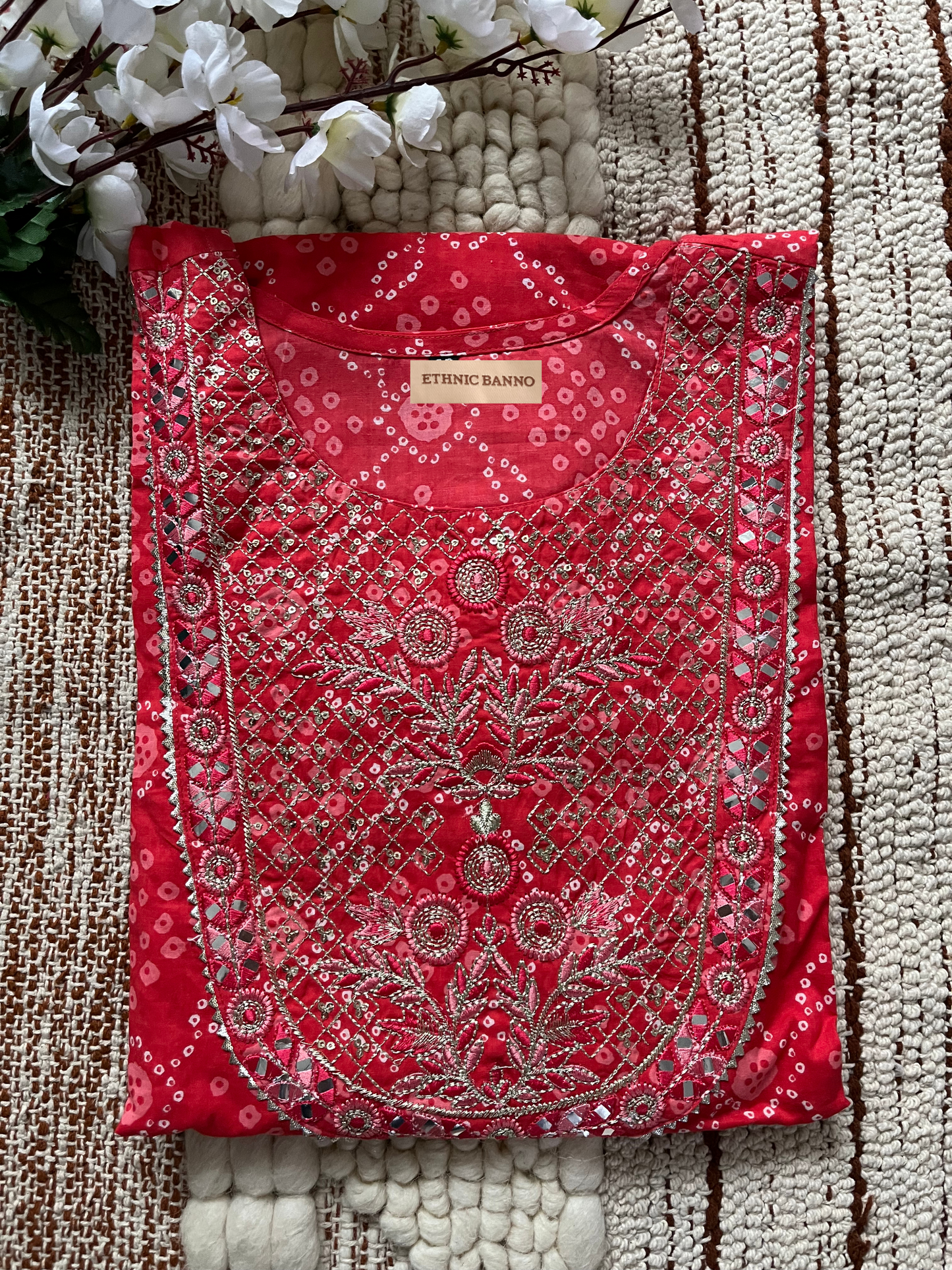 Coral Bandhej Embroidered Cotton Suit Set